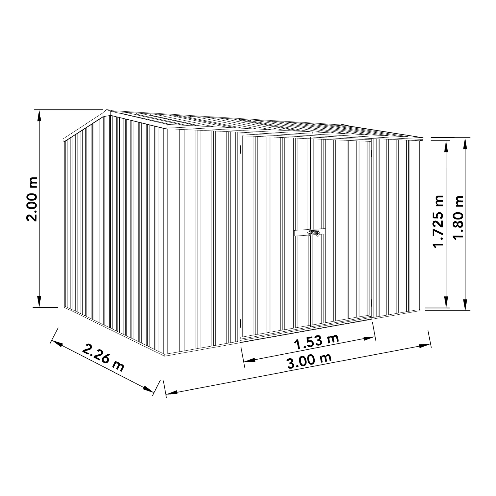 3.00mW x 2.26mD x 2.00mH Garden Shed Premier Double Door Zincalume