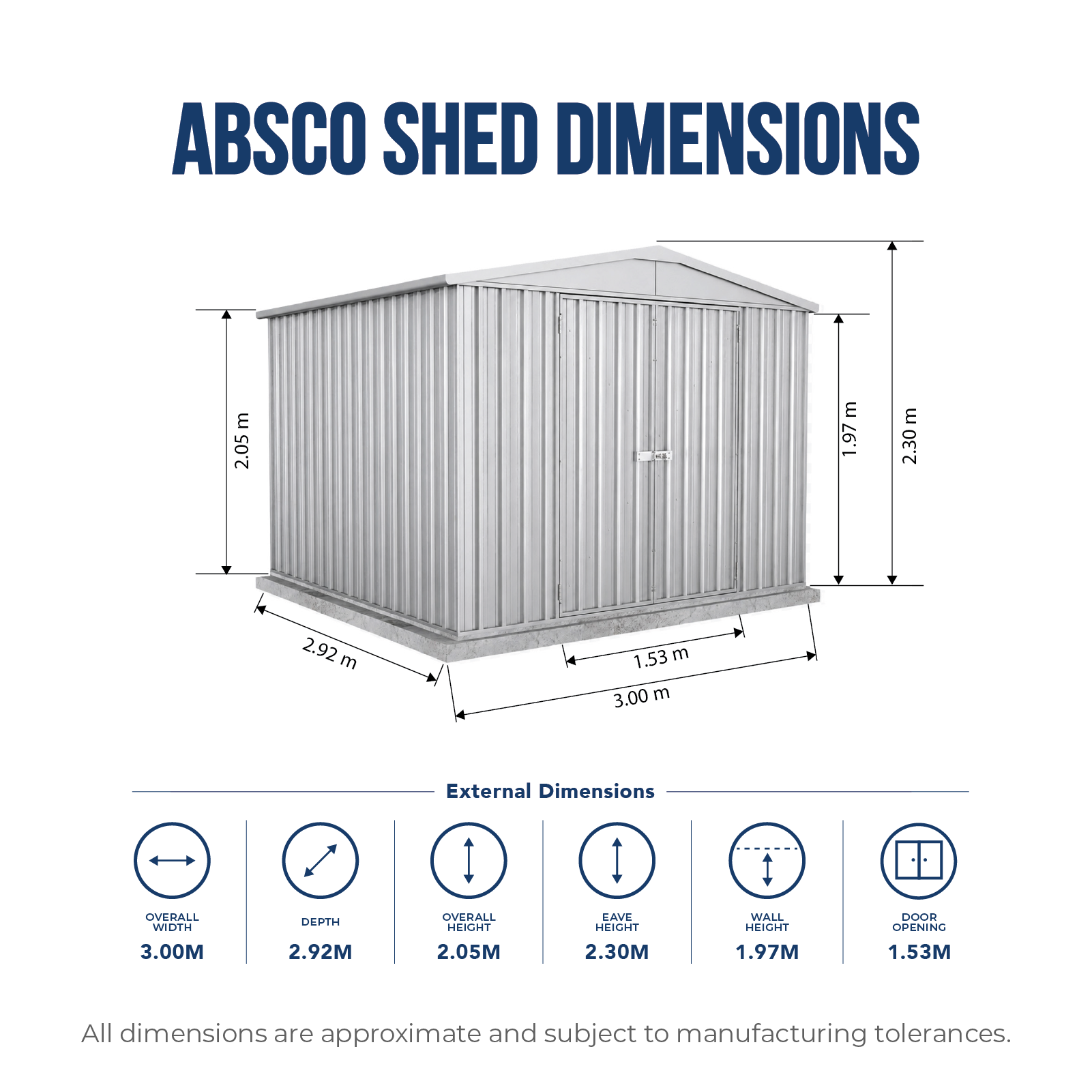 3.00mW x 2.92mD x 2.30mH Garden Shed Highlander Double Door Zincalume