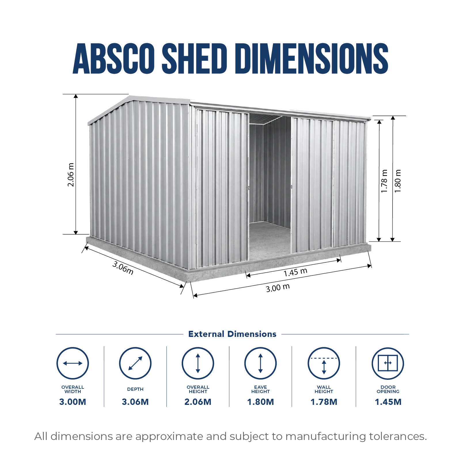 3.00mW x 3.00mD x 2.06mH Garden Shed Ezislider Double Door Zincalume