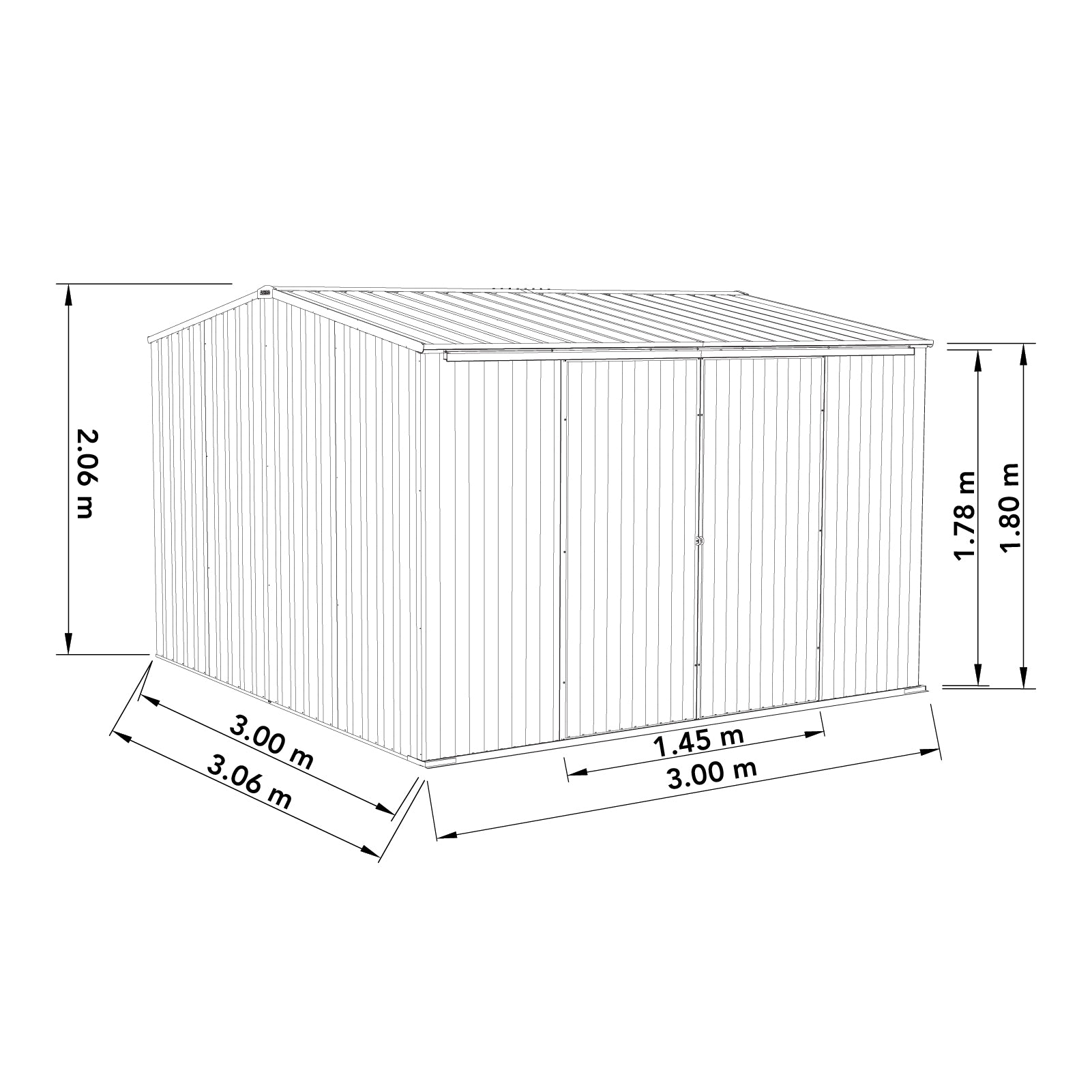 3.00mW x 3.00mD x 2.06mH Garden Shed Ezislider Double Door Zincalume
