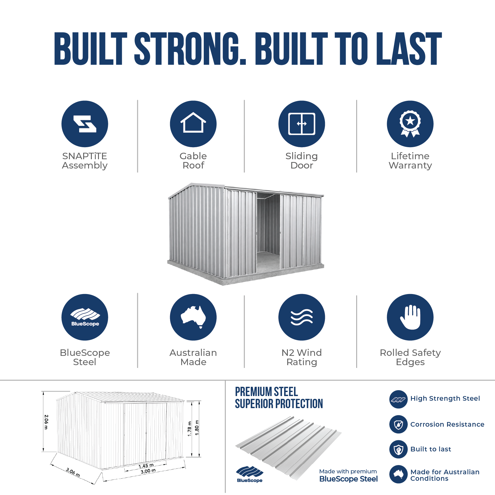 3.00mW x 3.00mD x 2.06mH Garden Shed Ezislider Double Door Zincalume