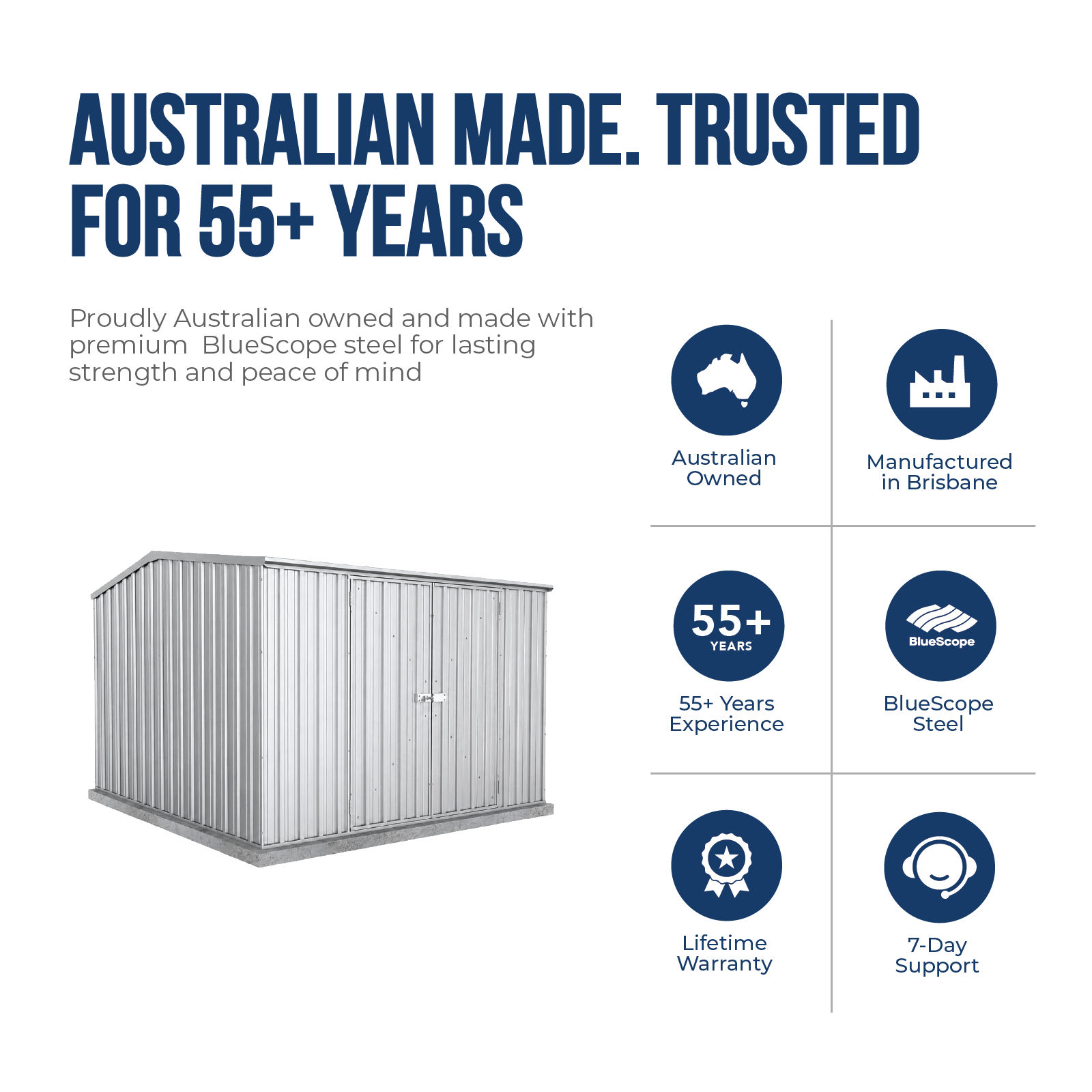 3.00mW x 3.00mD x 2.06mH Garden Shed Double Door Zincalume with Anchors