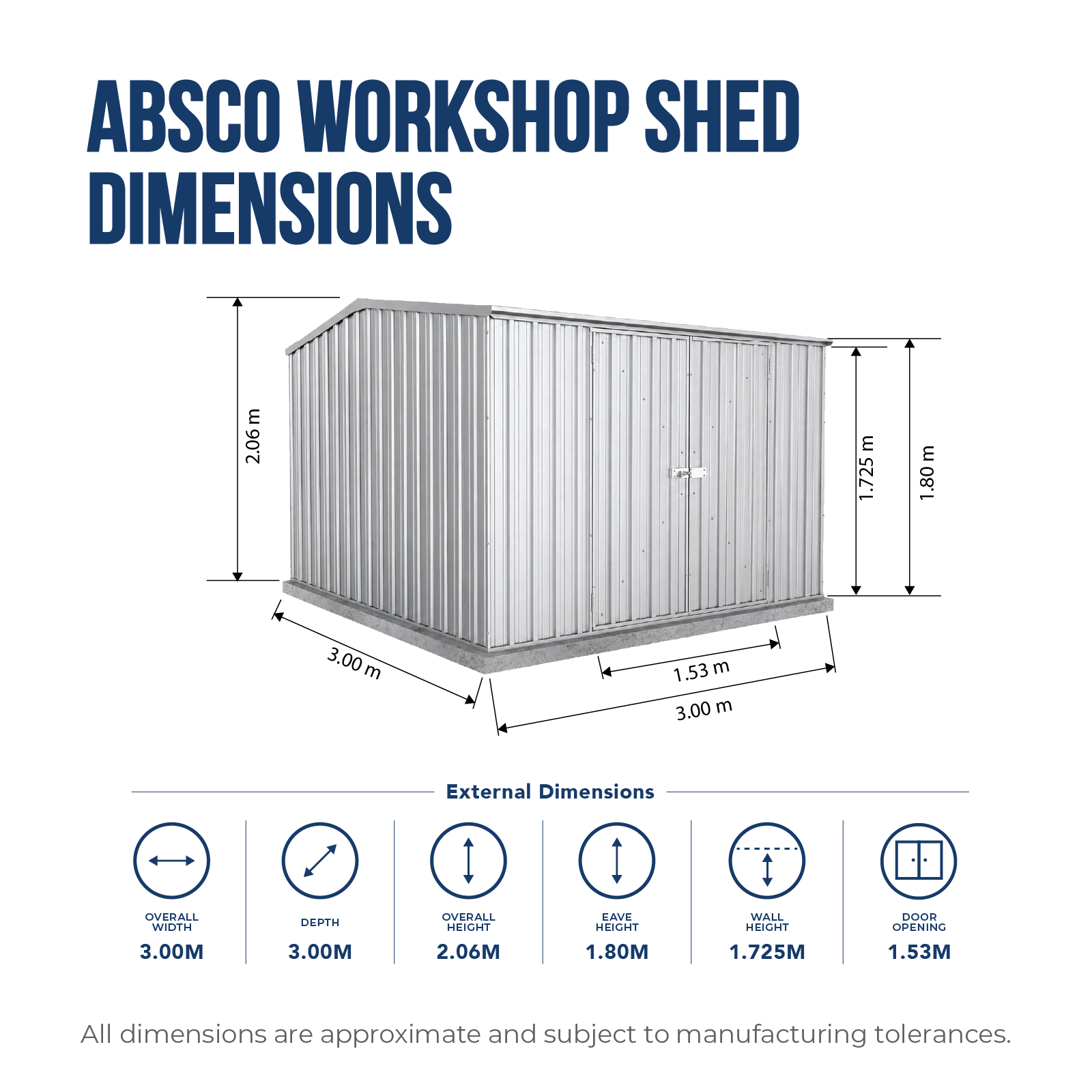 3.00mW x 3.00mD x 2.06mH Garden Shed Premier Double Door Zincalume