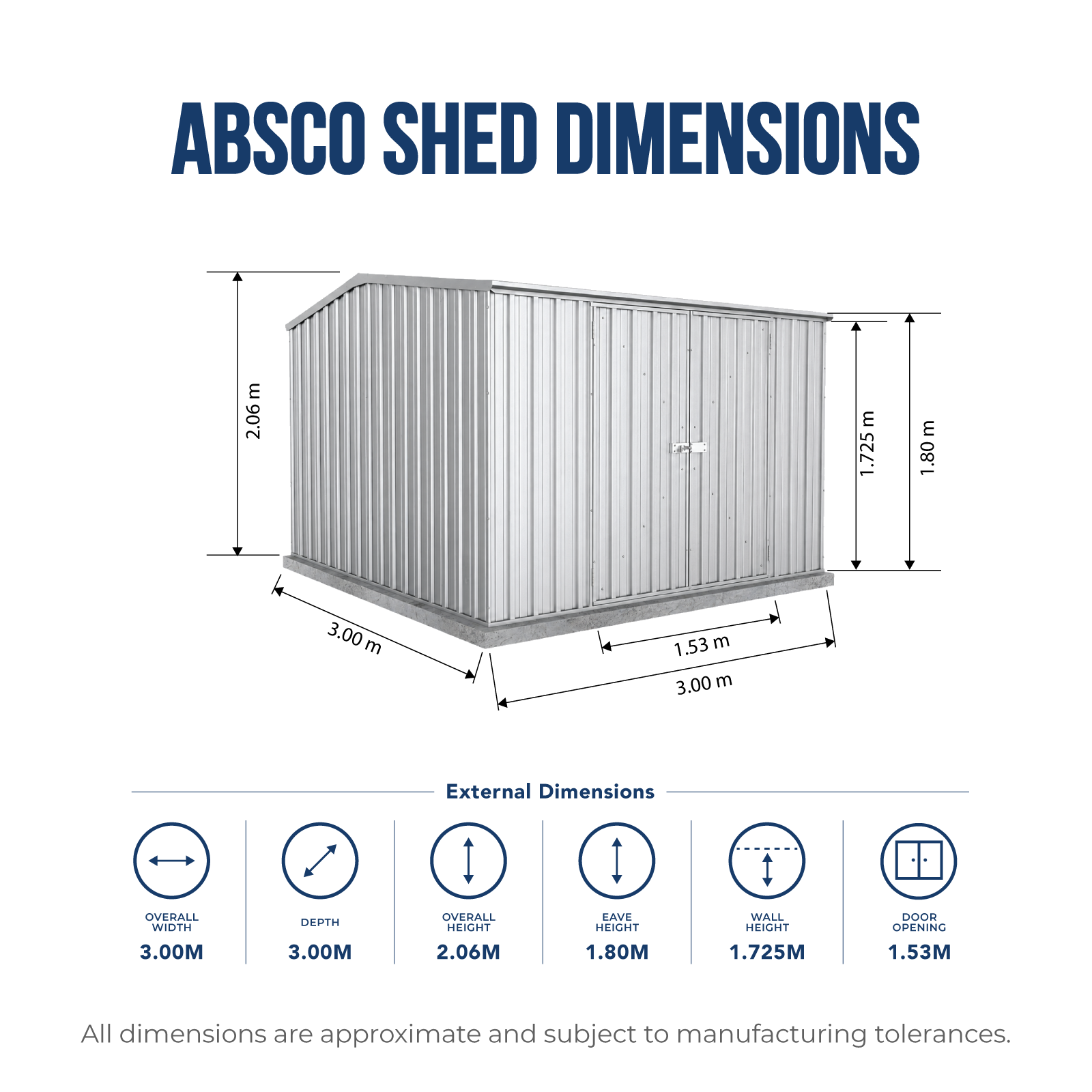 3.00mW x 3.00mD x 2.06mH Garden Shed Premier Double Door Zincalume