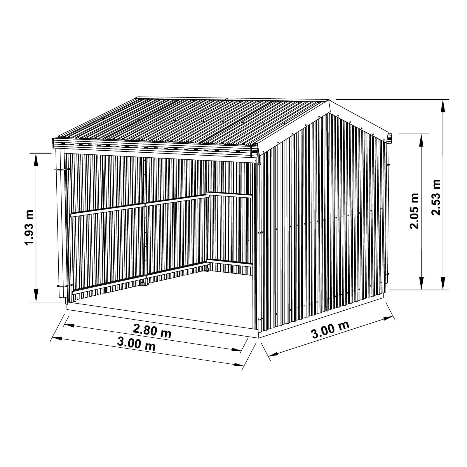 3.00mW x 3.00mD x 2.53mH Rural Shed Open Bay Zincalume