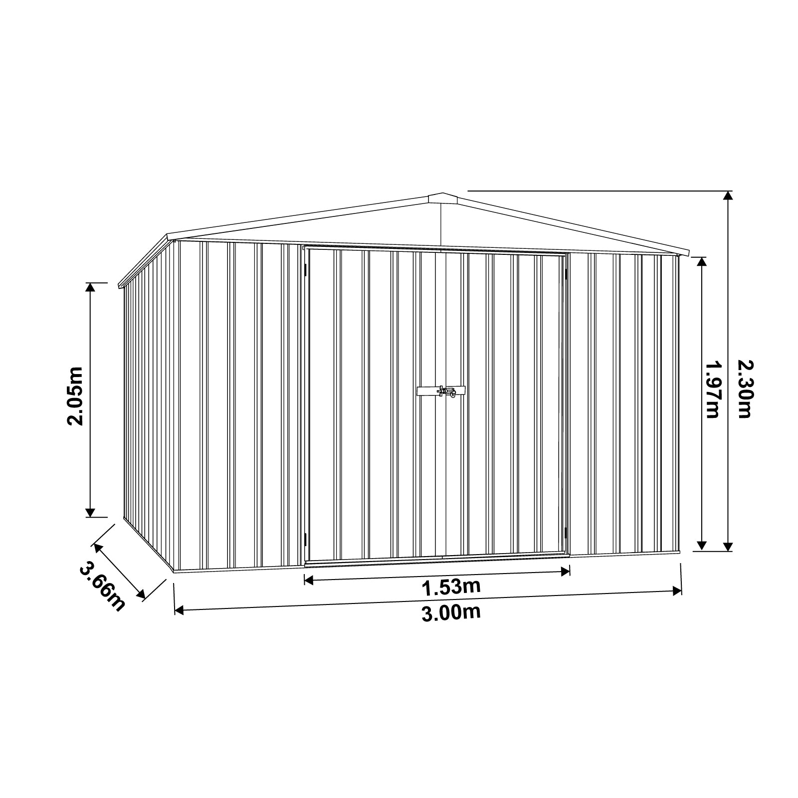 3.00mW x 3.66mD x 2.30mH Garden Shed Highlander Double Door Zincalume