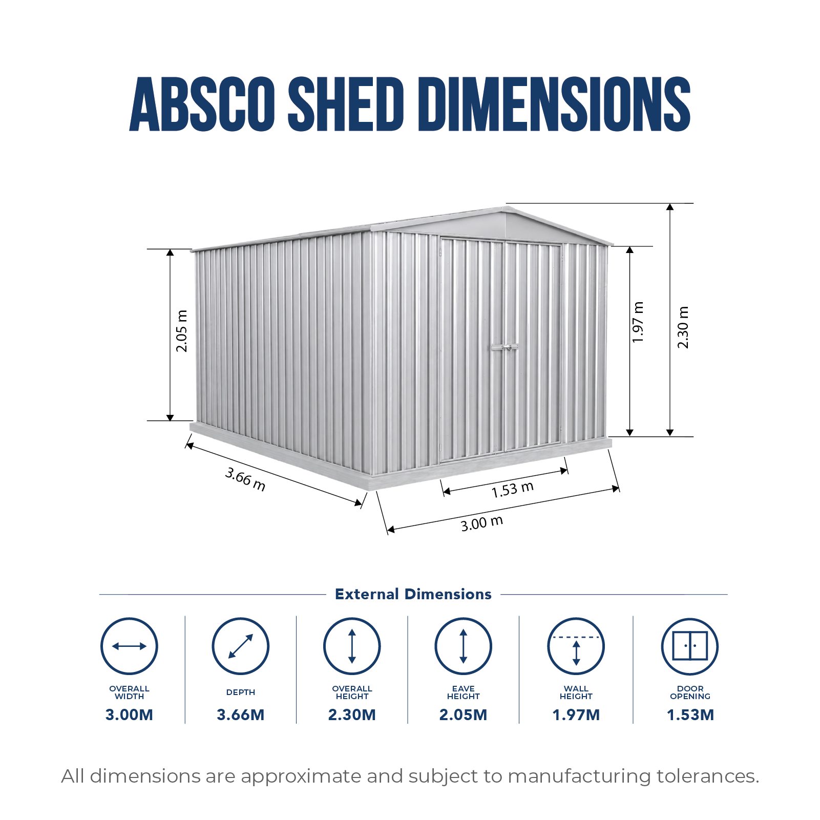 3.00mW x 3.66mD x 2.30mH Garden Shed Highlander Double Door Zincalume