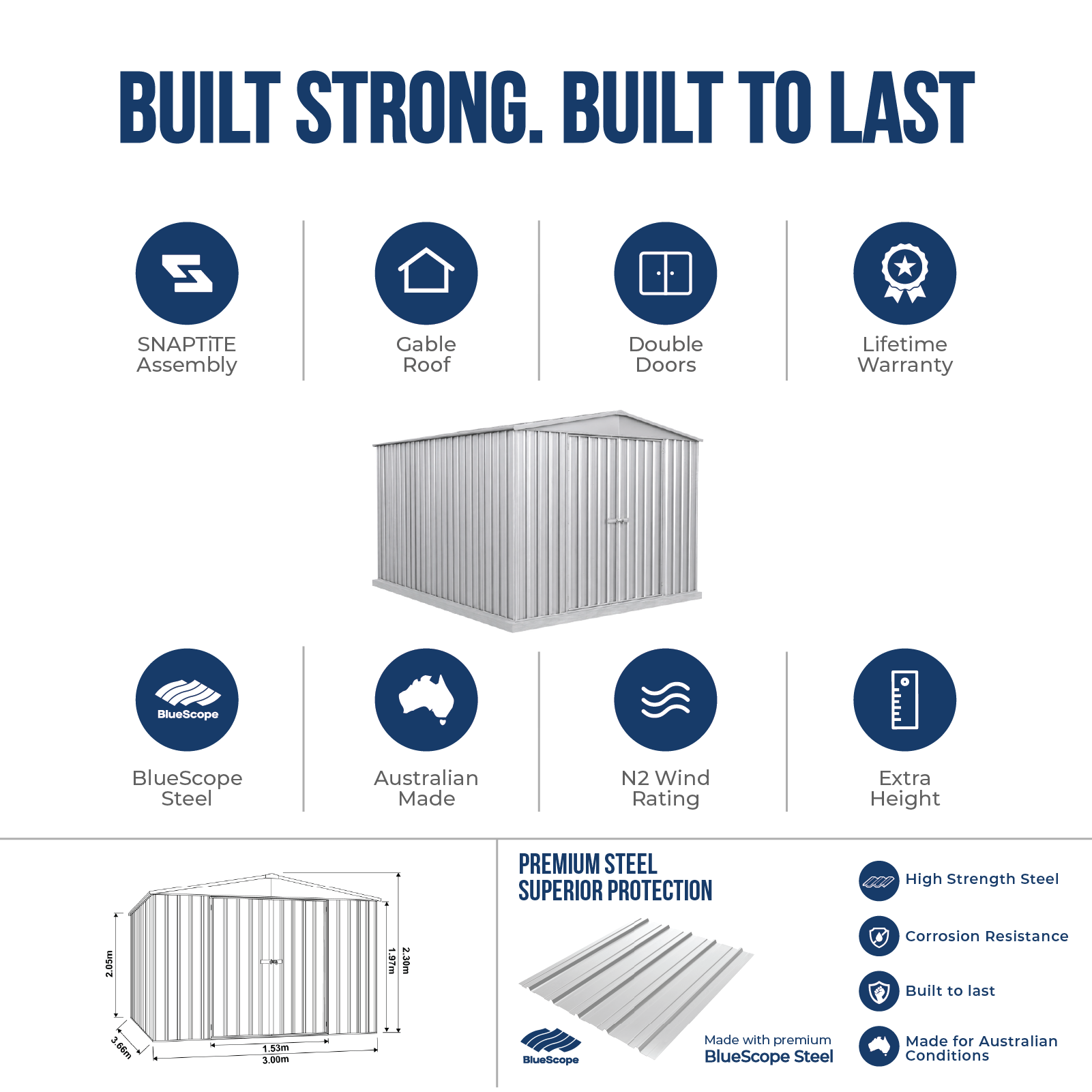 3.00mW x 3.66mD x 2.30mH Garden Shed Highlander Double Door Zincalume