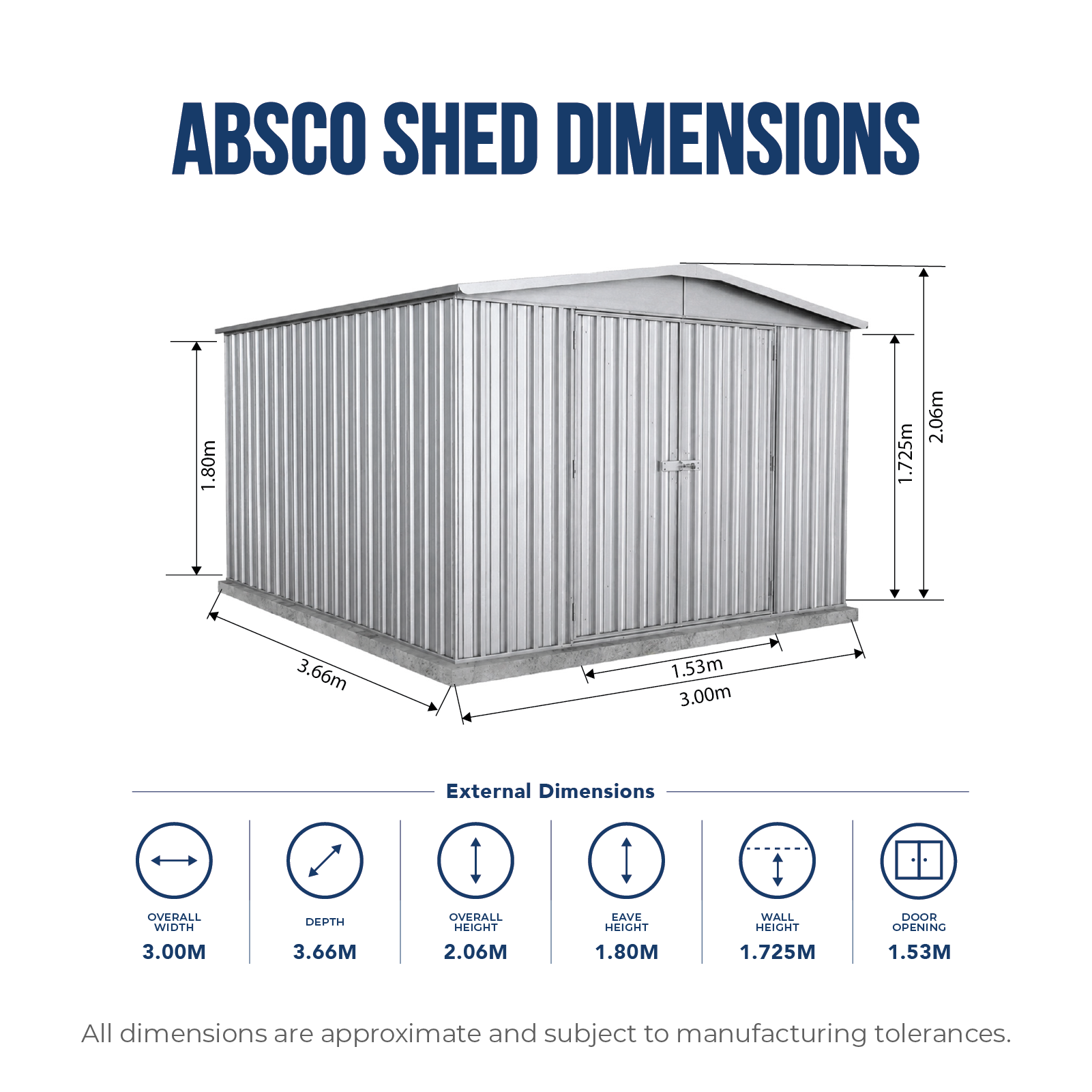 3.00mW x 3.66mD x 2.06mH Garden Shed Regent Double Door Zincalume
