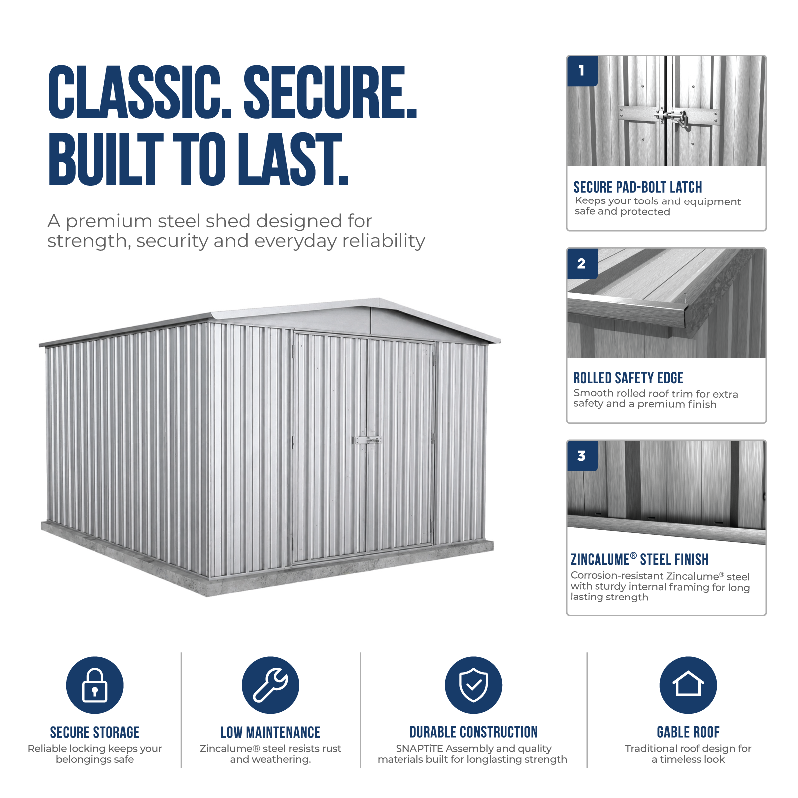 3.00mW x 3.66mD x 2.06mH Garden Shed Regent Double Door Zincalume