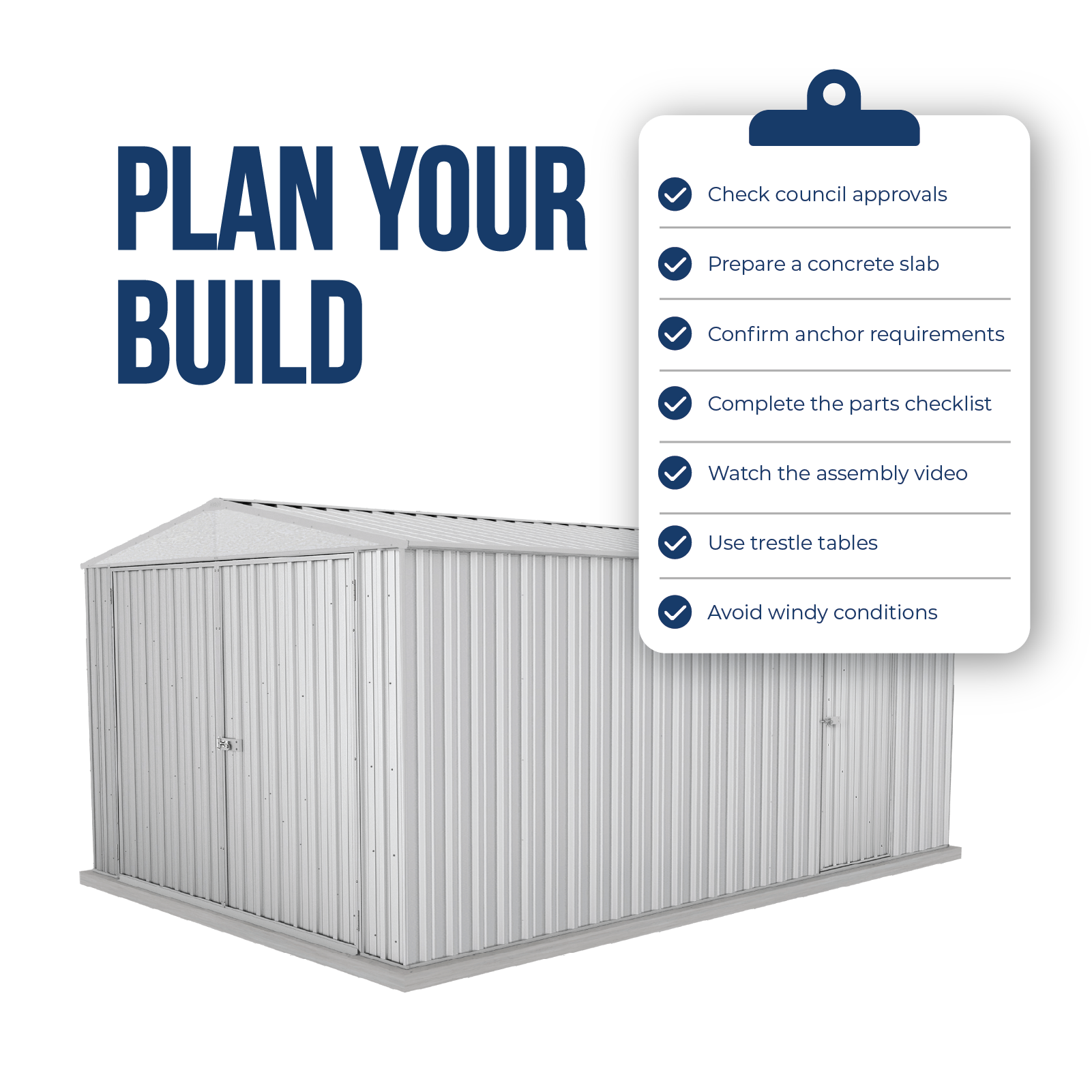 3.00mW x 4.48mD x 2.06mH Garden Shed Utility Double Door Zincalume