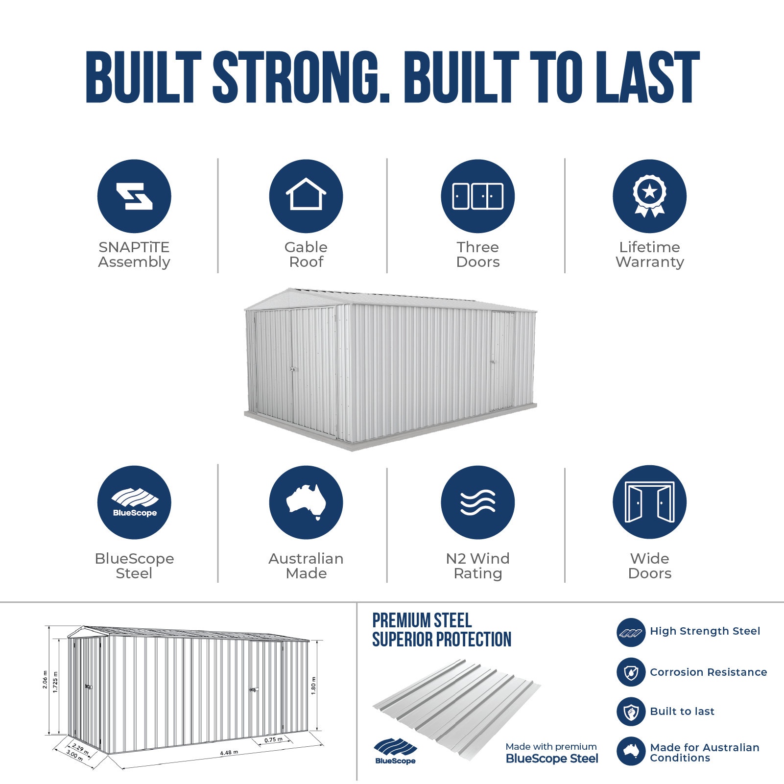 3.00mW x 4.48mD x 2.06mH Garden Shed Utility Double Door Zincalume