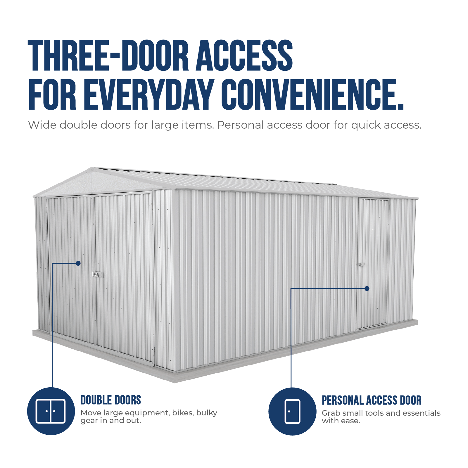 3.00mW x 4.48mD x 2.06mH Garden Shed Utility Double Door Zincalume