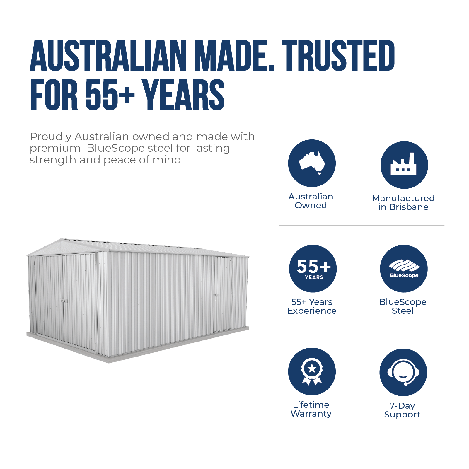 3.00mW x 4.48mD x 2.06mH Garden Shed Utility Double Door Zincalume