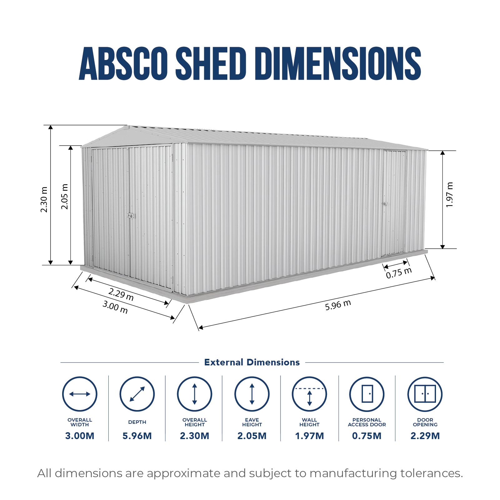 3.00mW x 5.96mD x 2.30mH Garden Shed Highlander Three Door Zincalume