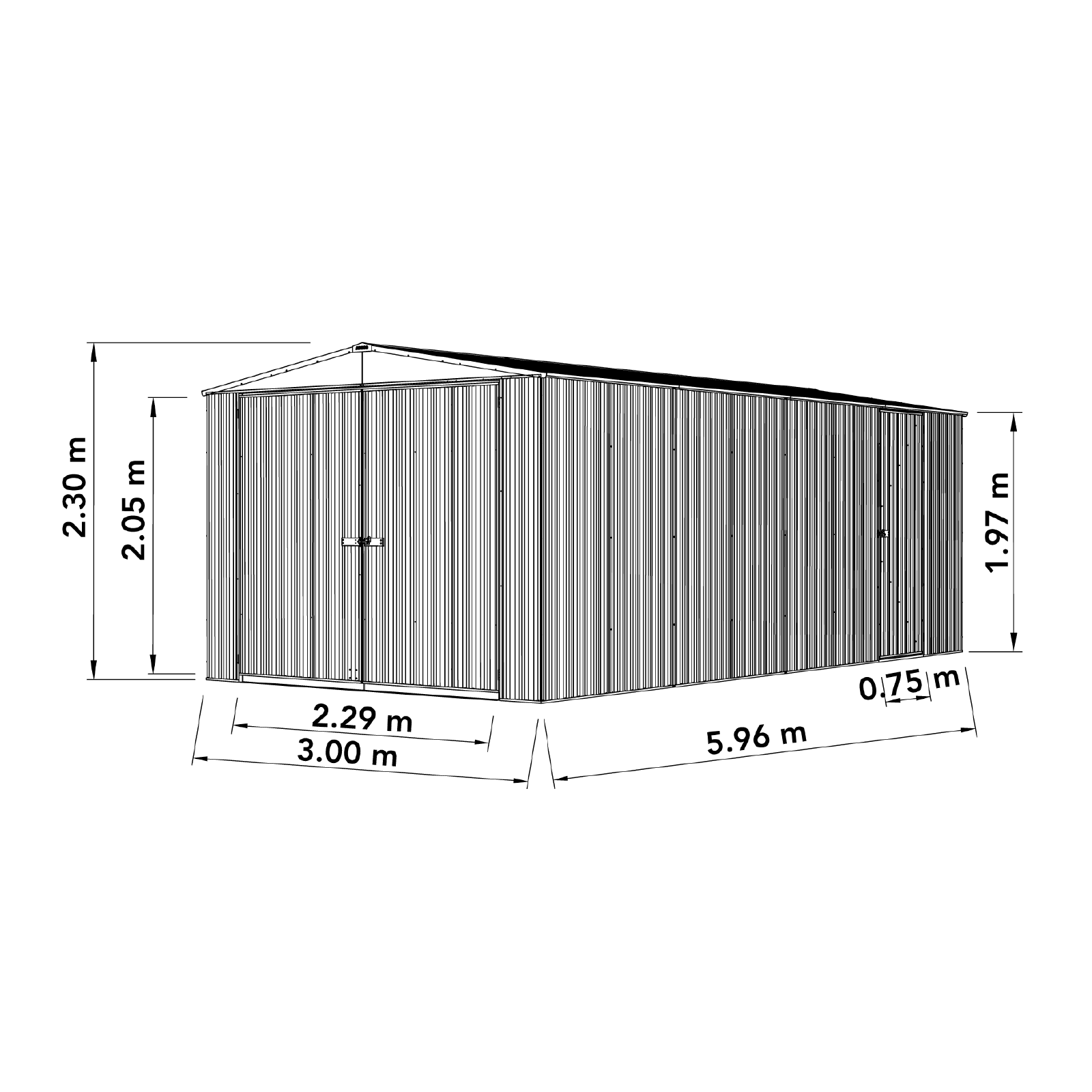 3.00mW x 5.96mD x 2.30mH Garden Shed Highlander Three Door Zincalume
