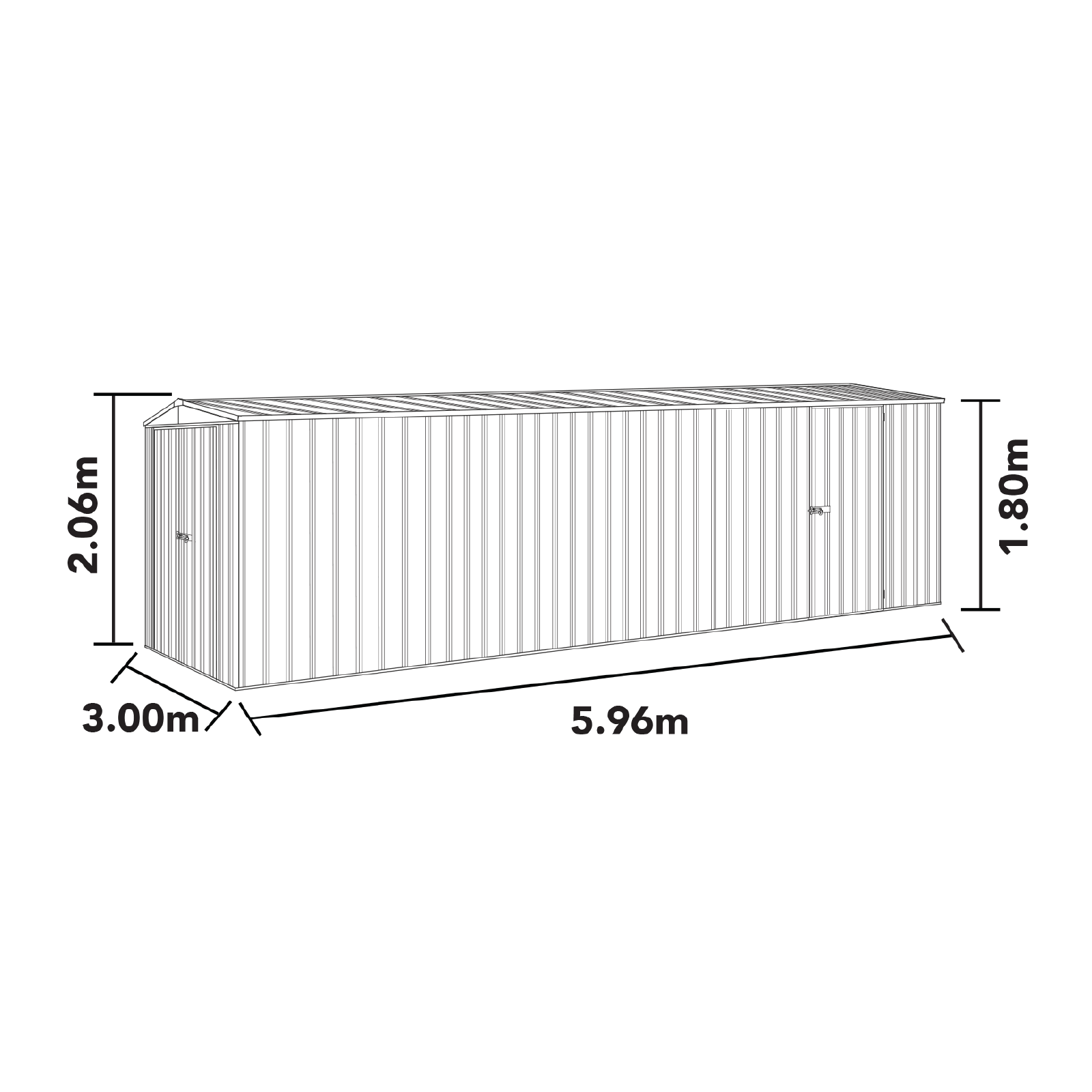 3.00mW x 5.96mD x 2.06mH Garden Shed Utility Double Door Zincalume