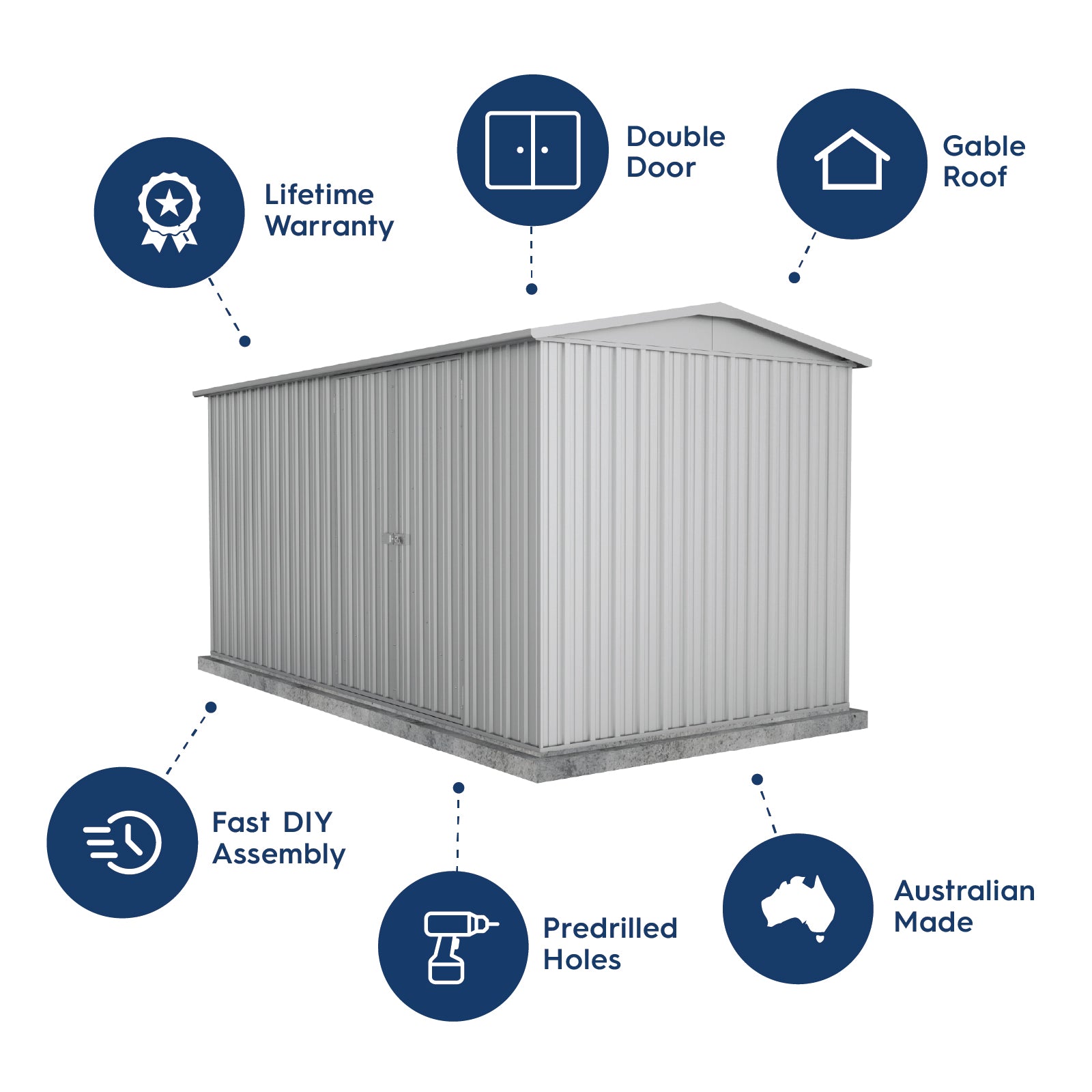 4.48mW x 2.26mD x 2.21mH Garden Shed Highlander Double Door Zincalume