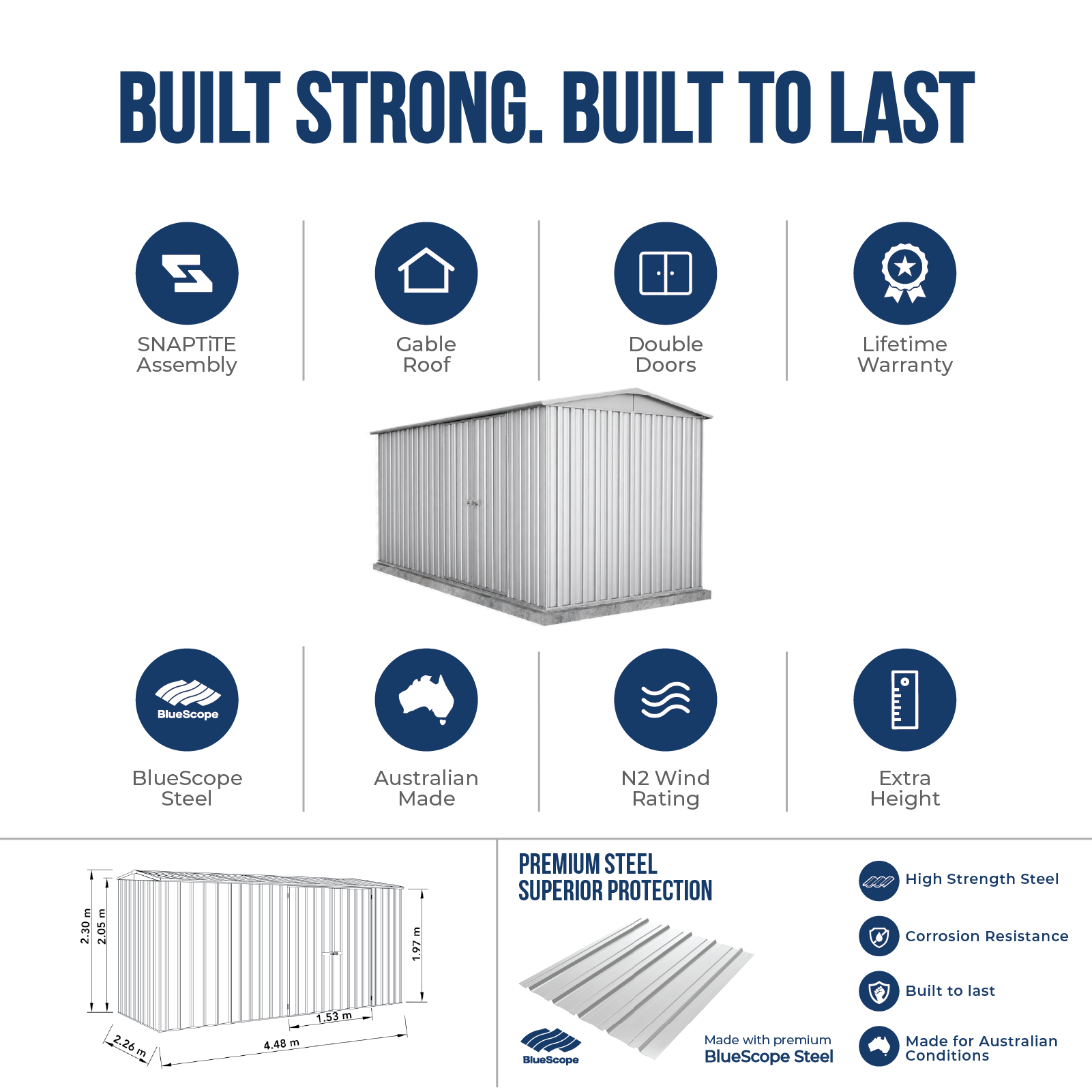 4.48mW x 2.26mD x 2.21mH Garden Shed Highlander Double Door Zincalume