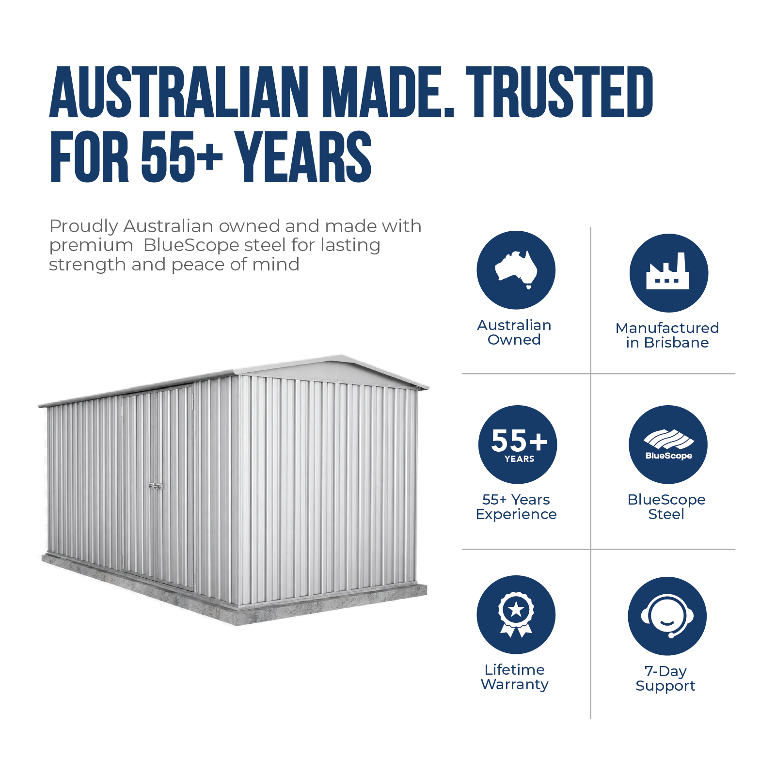 4.48mW x 2.26mD x 2.21mH Garden Shed Highlander Double Door Zincalume