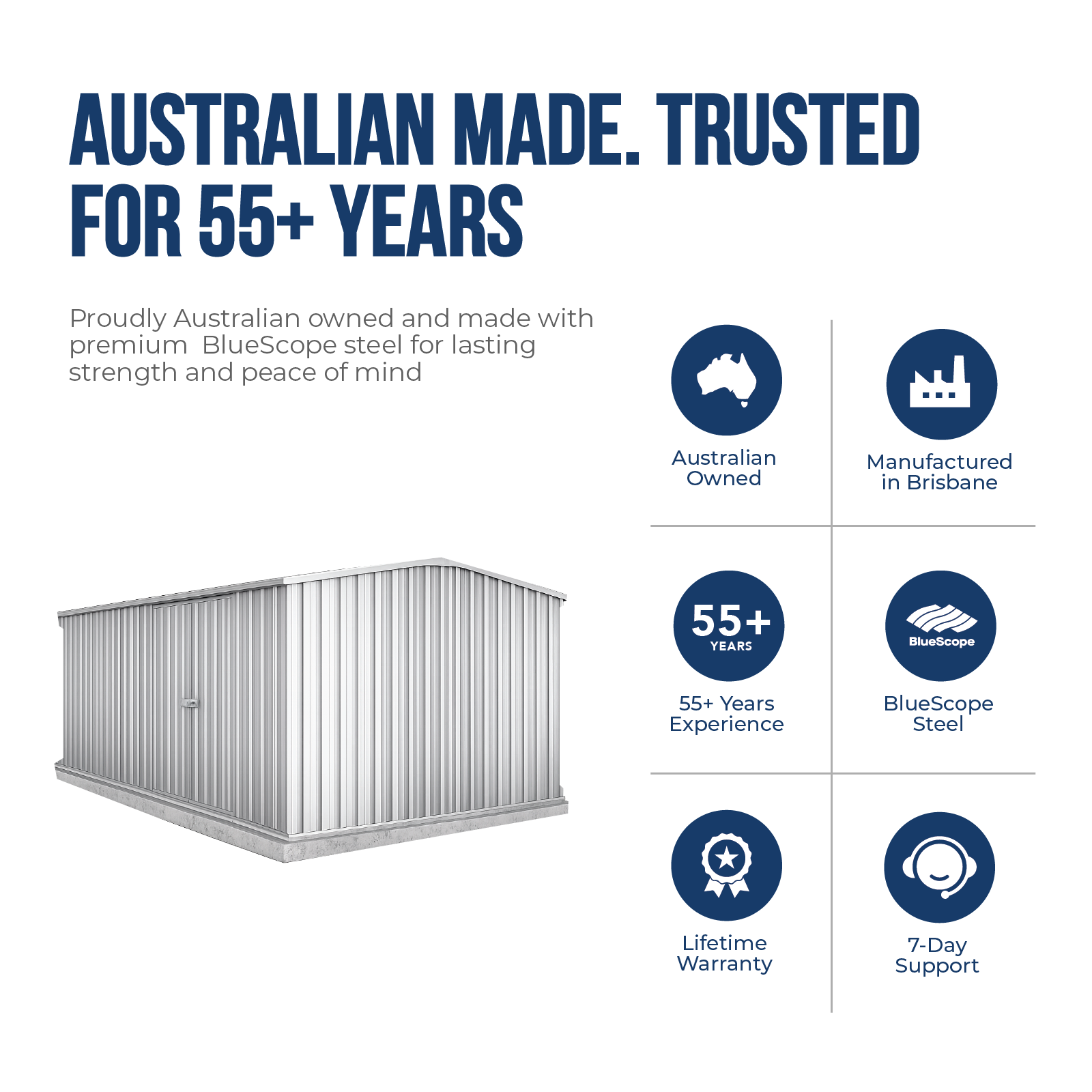 4.48mW x 2.26mD x 2.00mH Garden Shed Workshop Double Door Zincalume