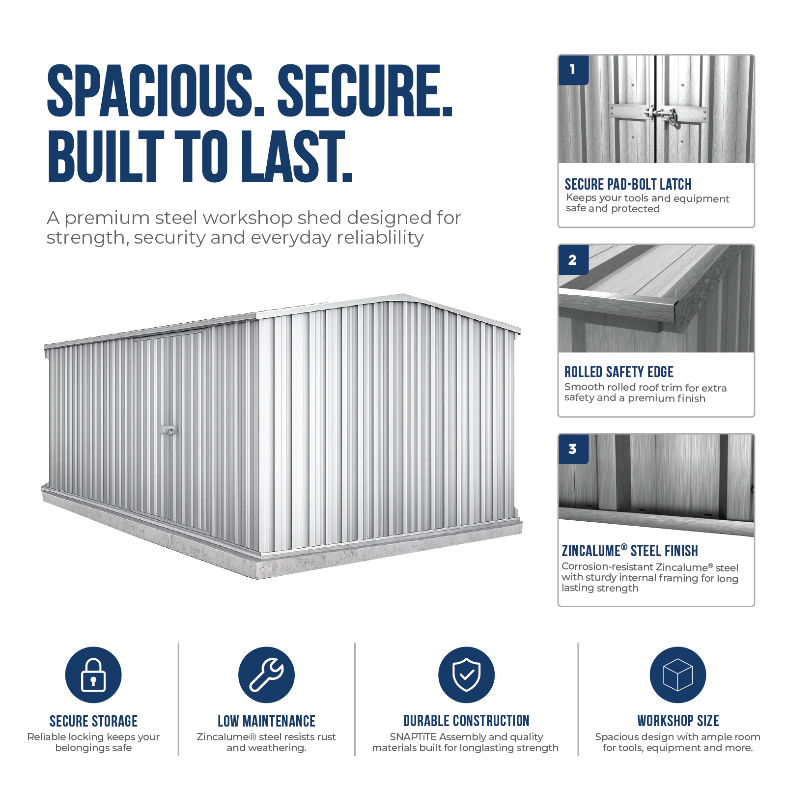 4.48mW x 2.26mD x 2.00mH Garden Shed Workshop Double Door Zincalume
