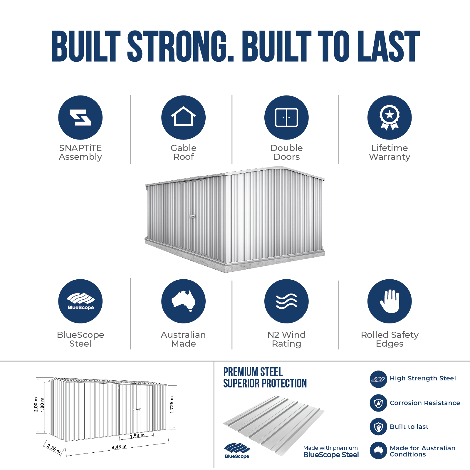 4.48mW x 2.26mD x 2.00mH Garden Shed Workshop Double Door Zincalume