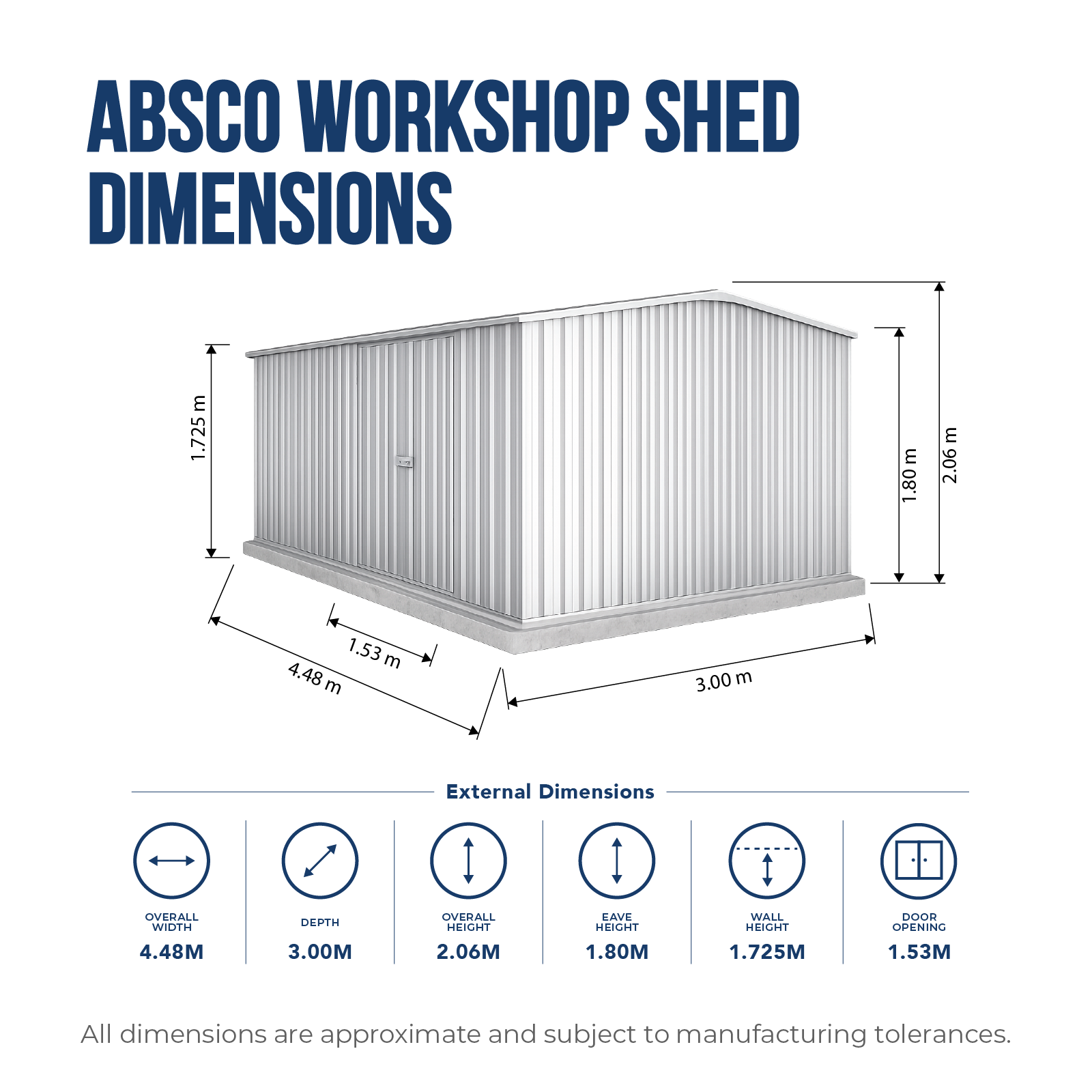 4.48mW x 3.00mD x 2.06mH Garden Shed Workshop Double Door Zincalume