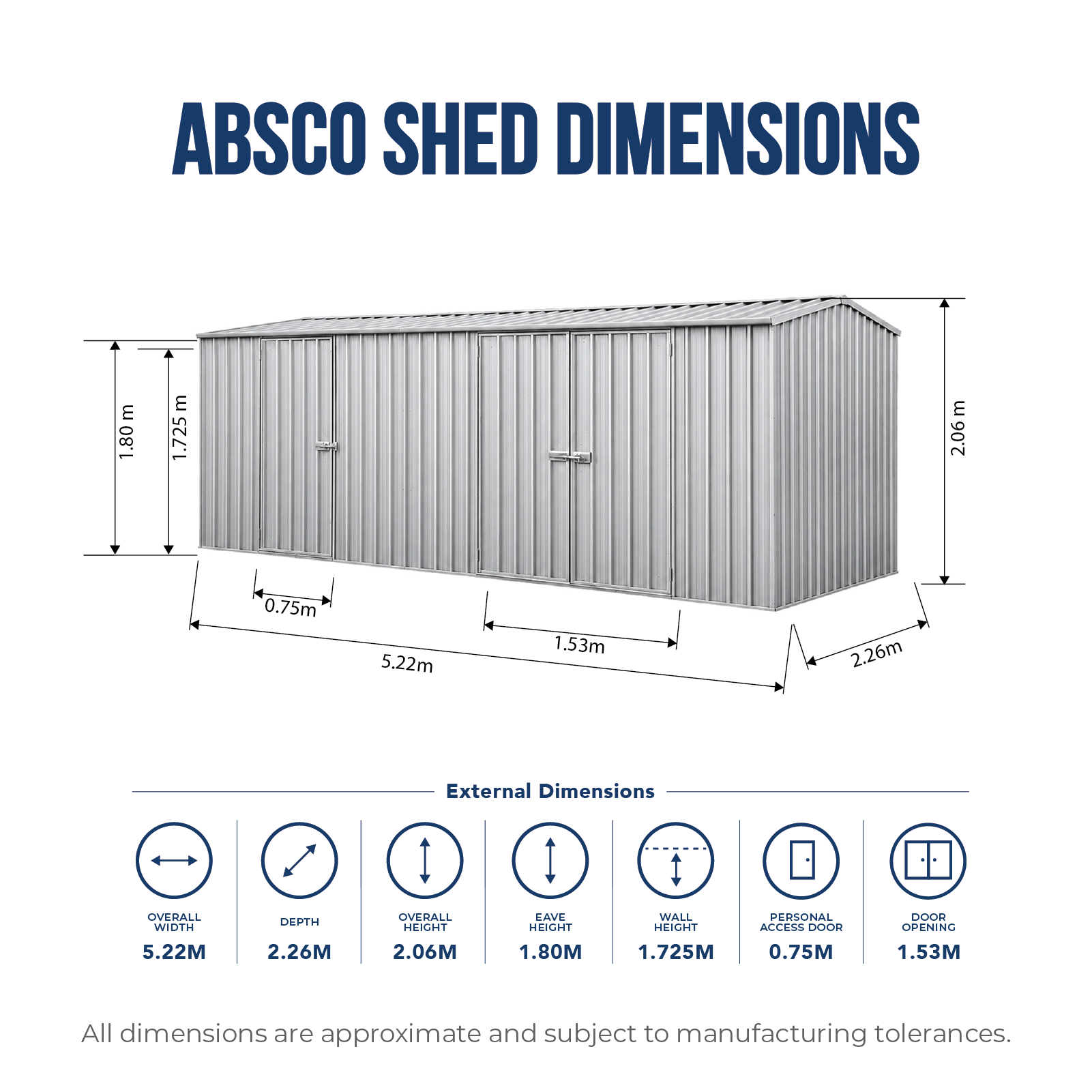 5.22mW x 2.26mD x 2.06mH Garden Shed Economy Three Door Zinc