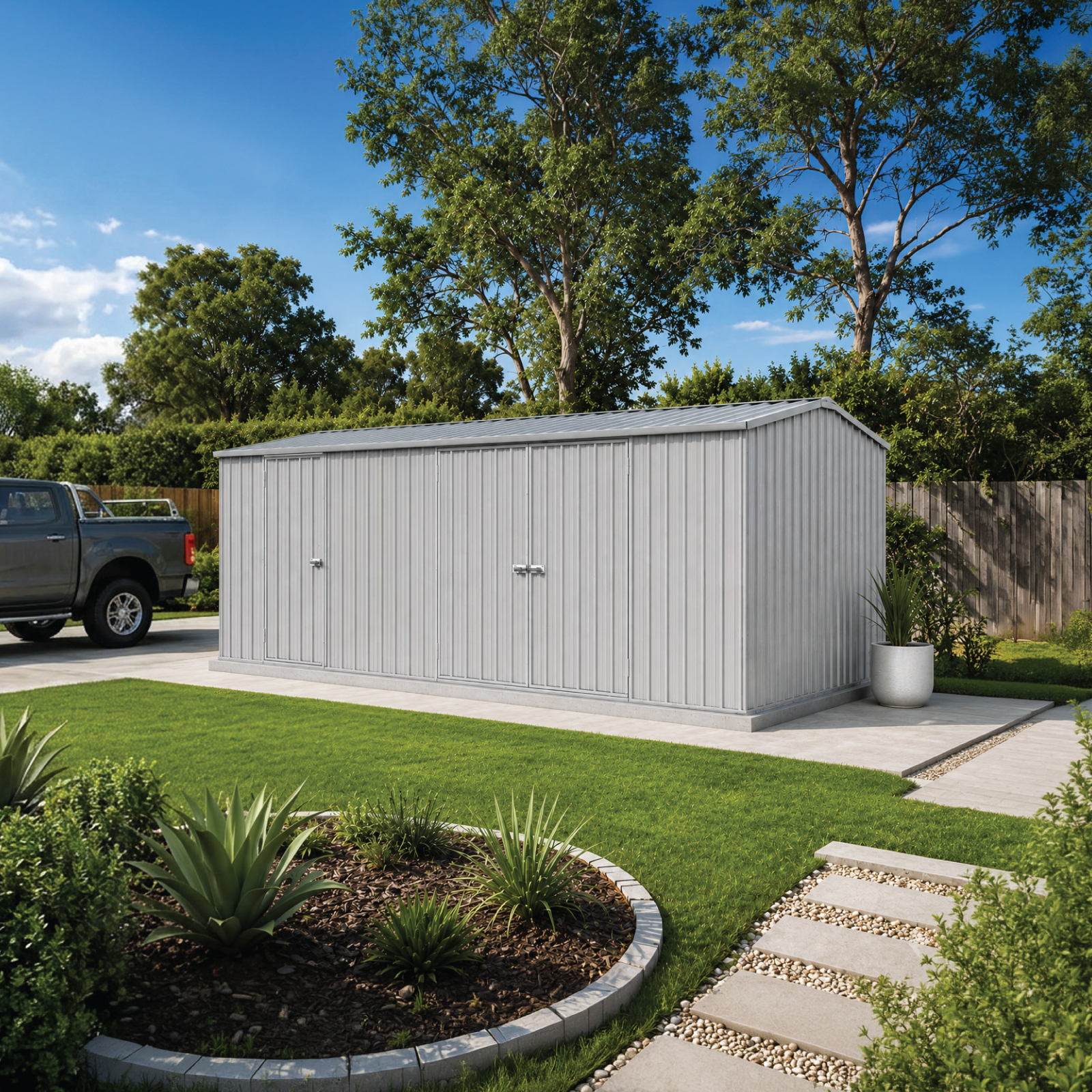Zincalume metal storage shed in a backyard with green grass and trees - ZA60303WK