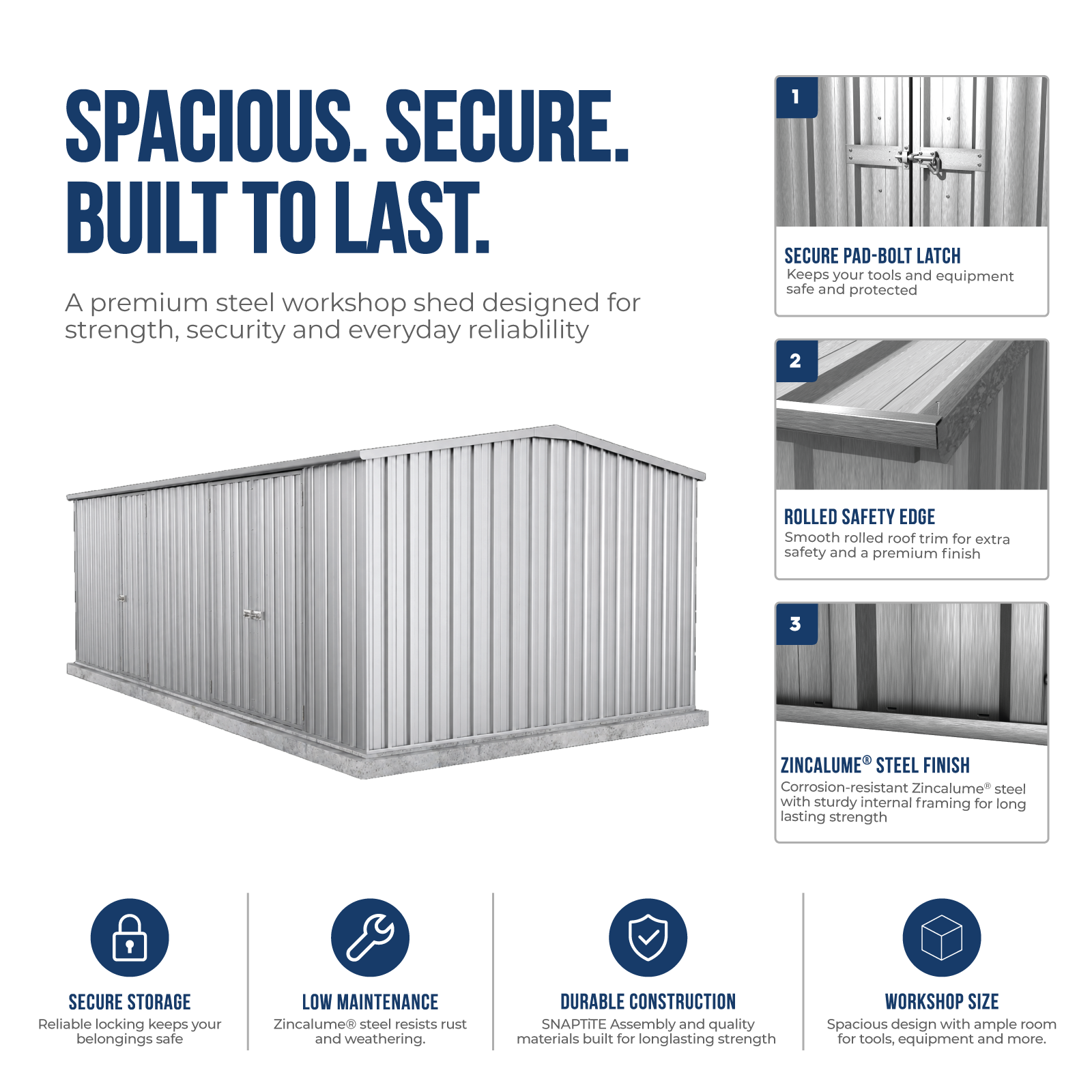 Metal workshop shed with features highlighted - ZA60303WK
