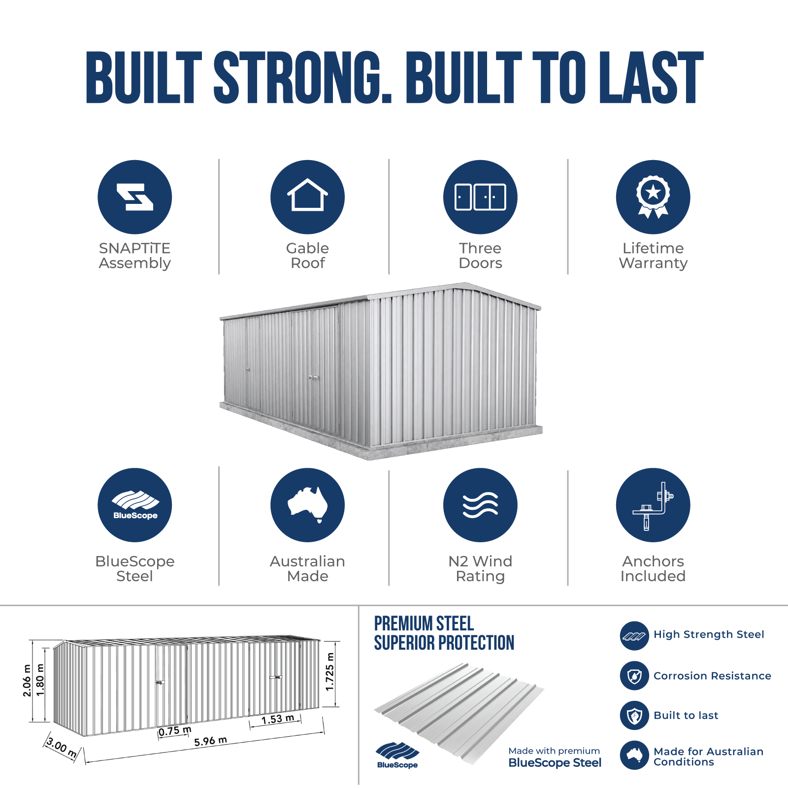 Metal storage shed with features listed - ZA60303WK