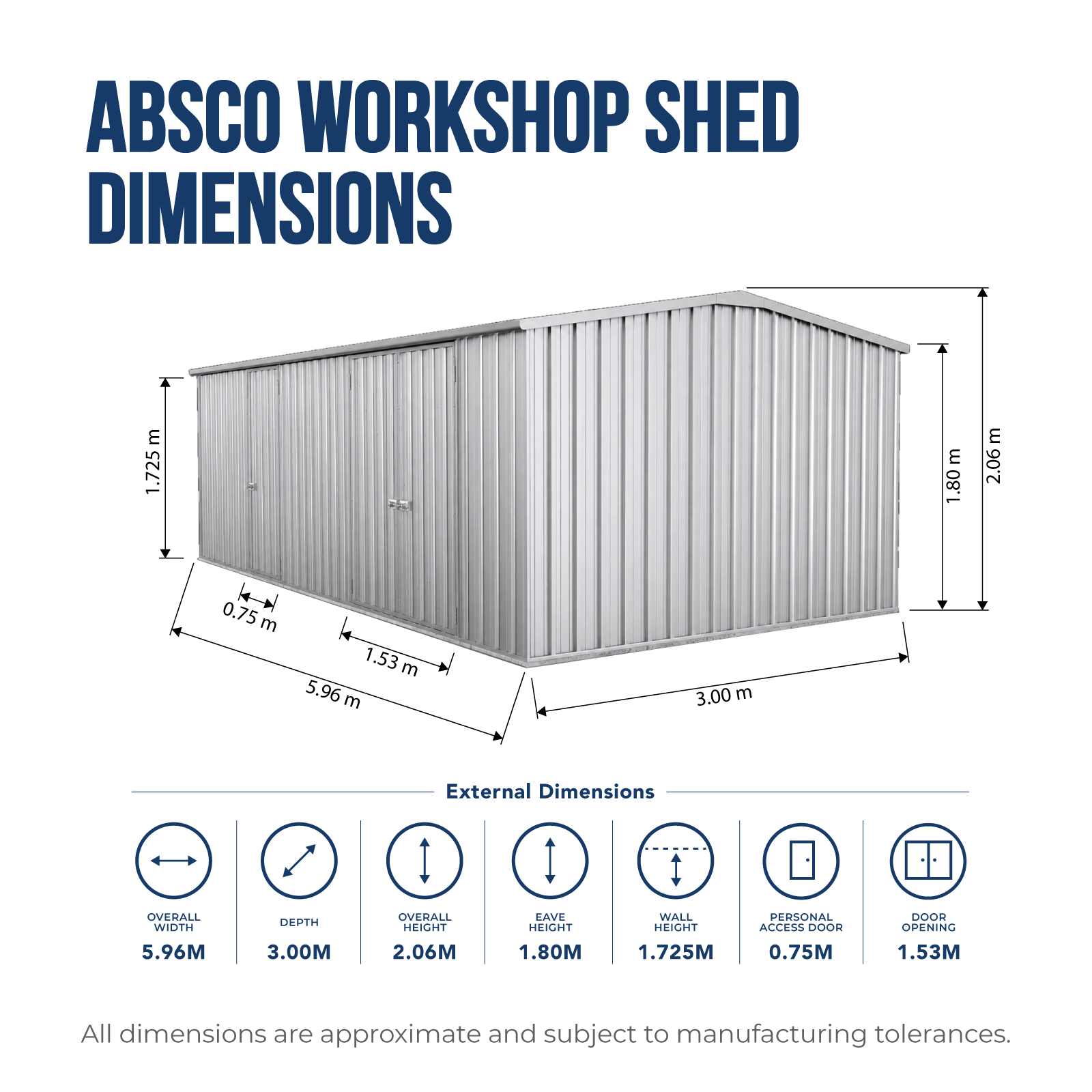 Dimensions of an ABSCO workshop shed - ZA60303WK