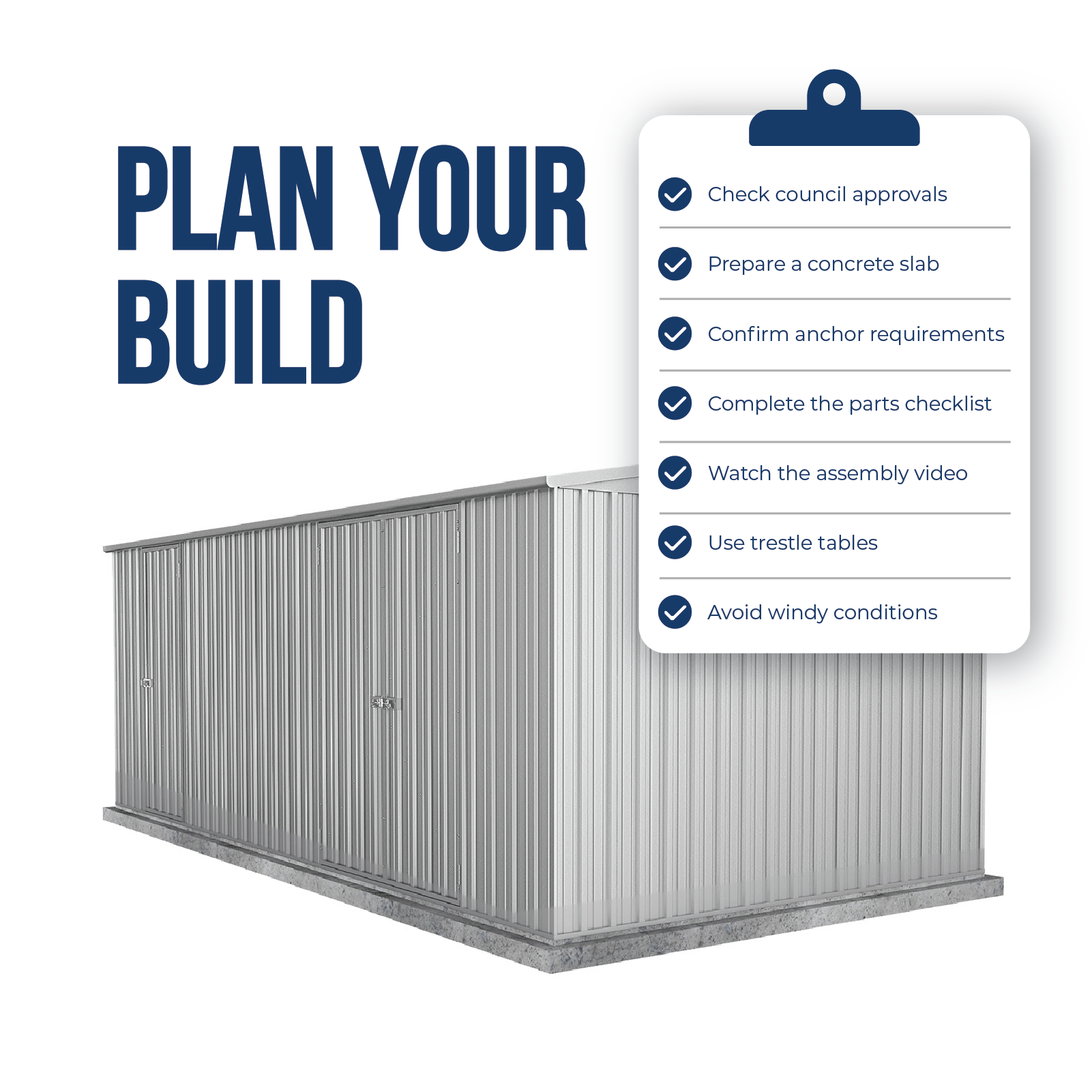5.96mW x 3.00mD x 2.30mH Garden Shed Highlander Double Door Zincalume