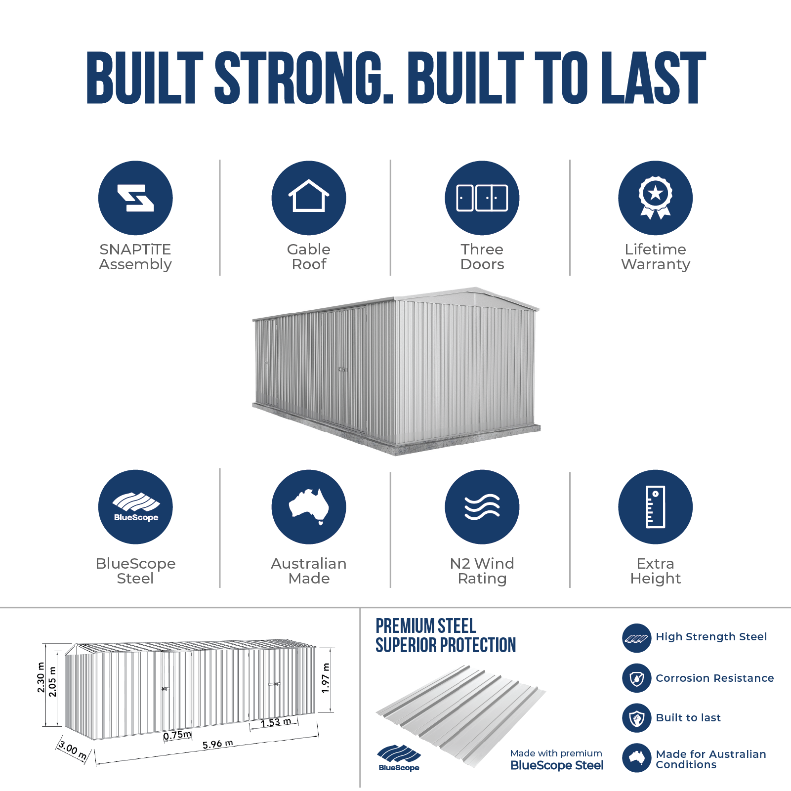 5.96mW x 3.00mD x 2.30mH Garden Shed Highlander Double Door Zincalume