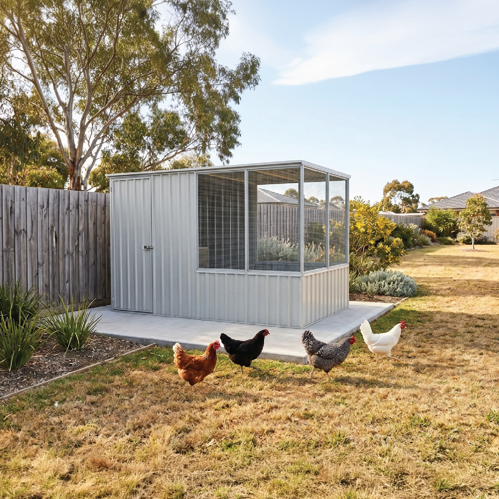 1.52mW x 2.96mD x 1.80mH Chicken Coop Flat Roof Single Door Zincalume