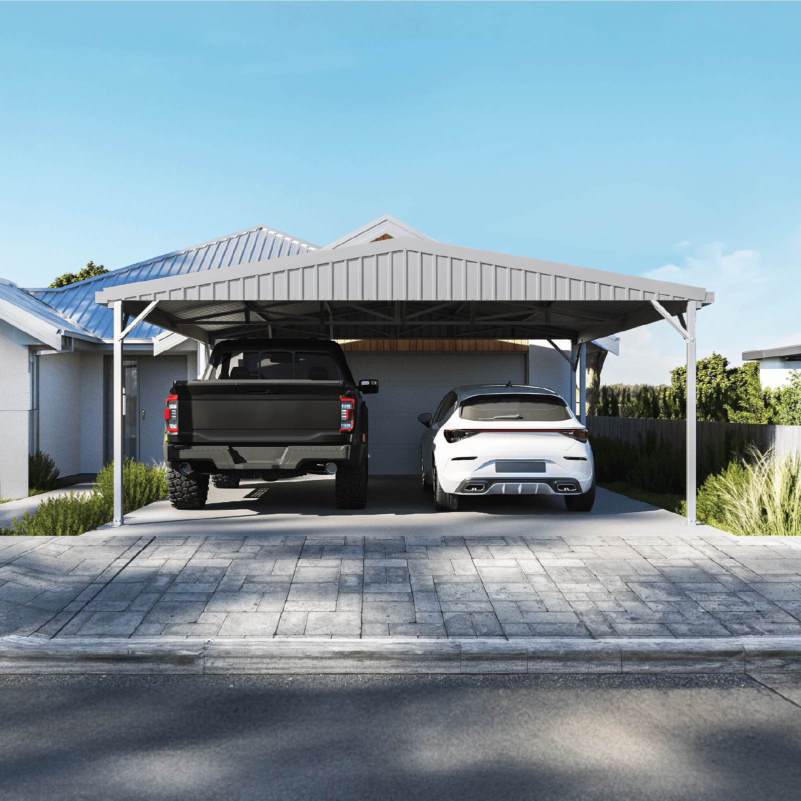6.00mW x 6.00mD x 2.98mH Double Gable Carport Zincalume