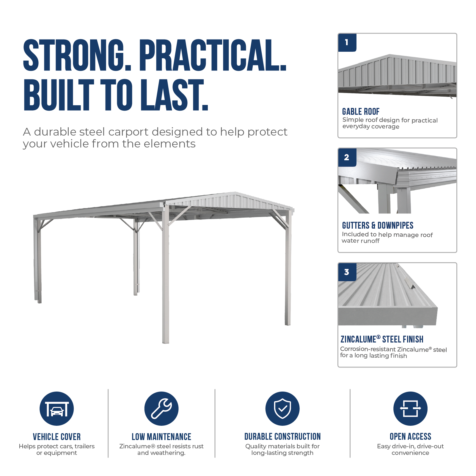 3.00mW x 6.00mD x 2.66mH Single Gable Carport Zincalume