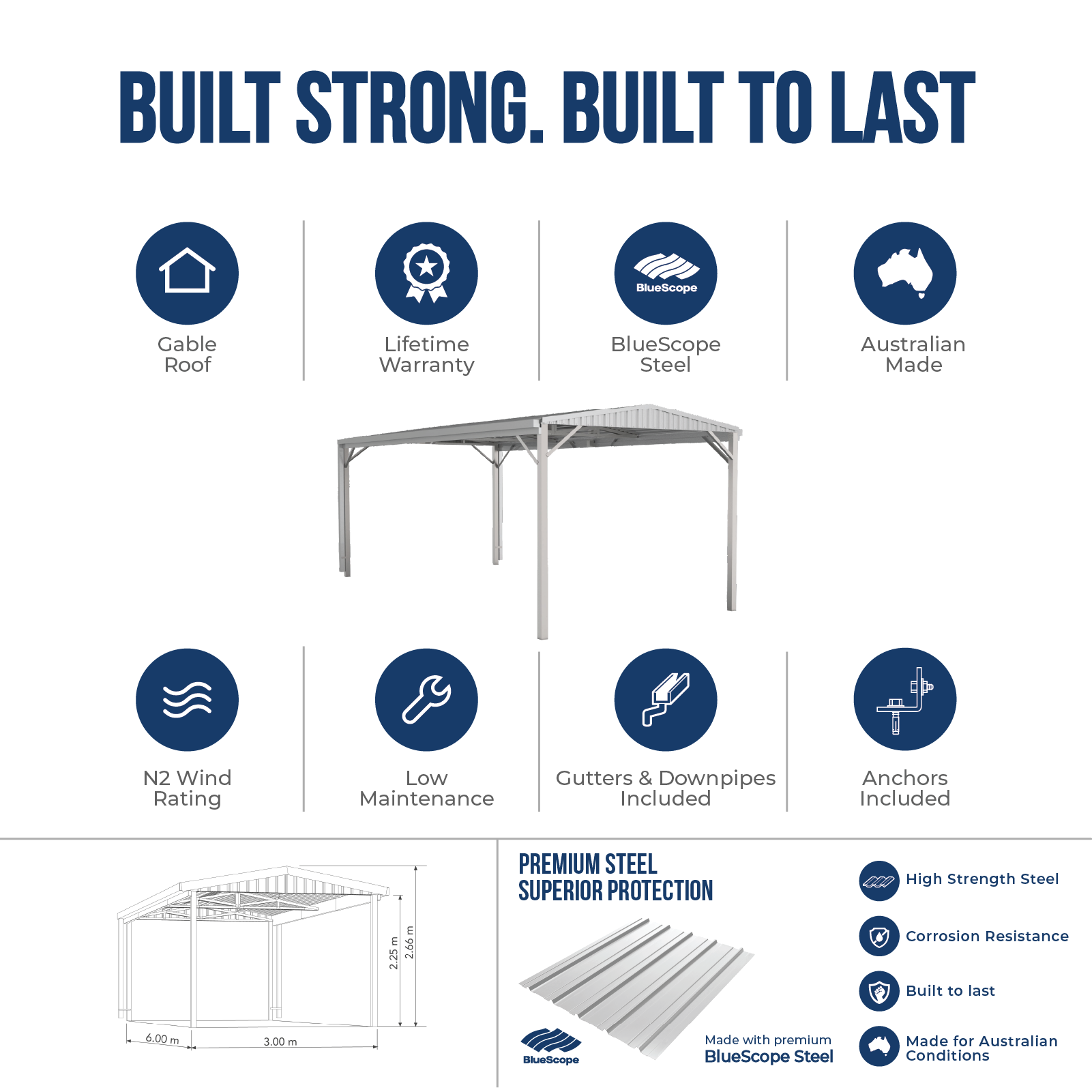 3.00mW x 6.00mD x 2.66mH Single Gable Carport Zincalume