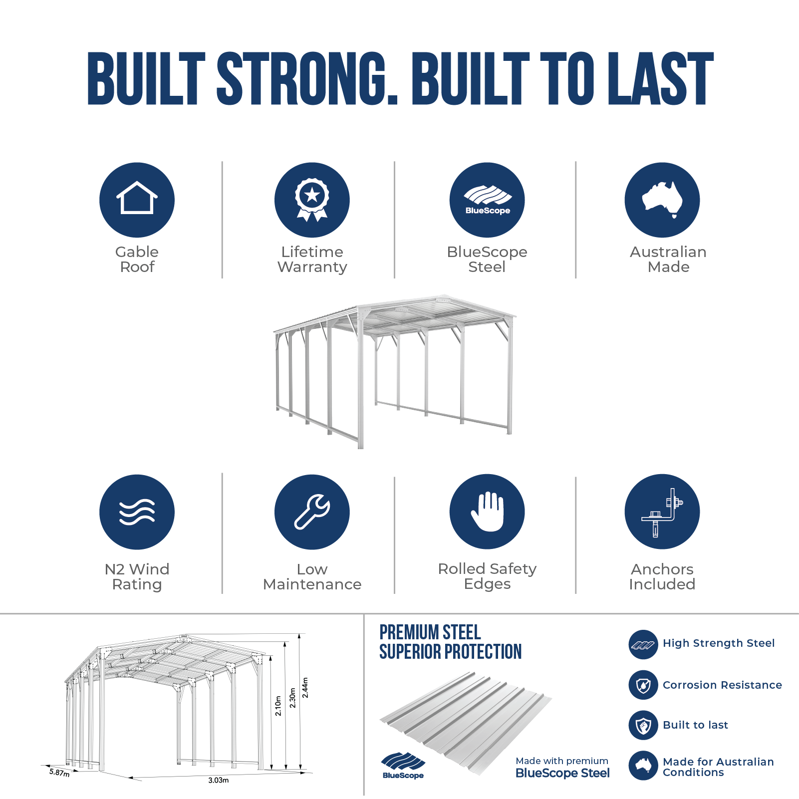 3.03mW x 5.87mD x 2.44mH Single Gable Carport Zincalume