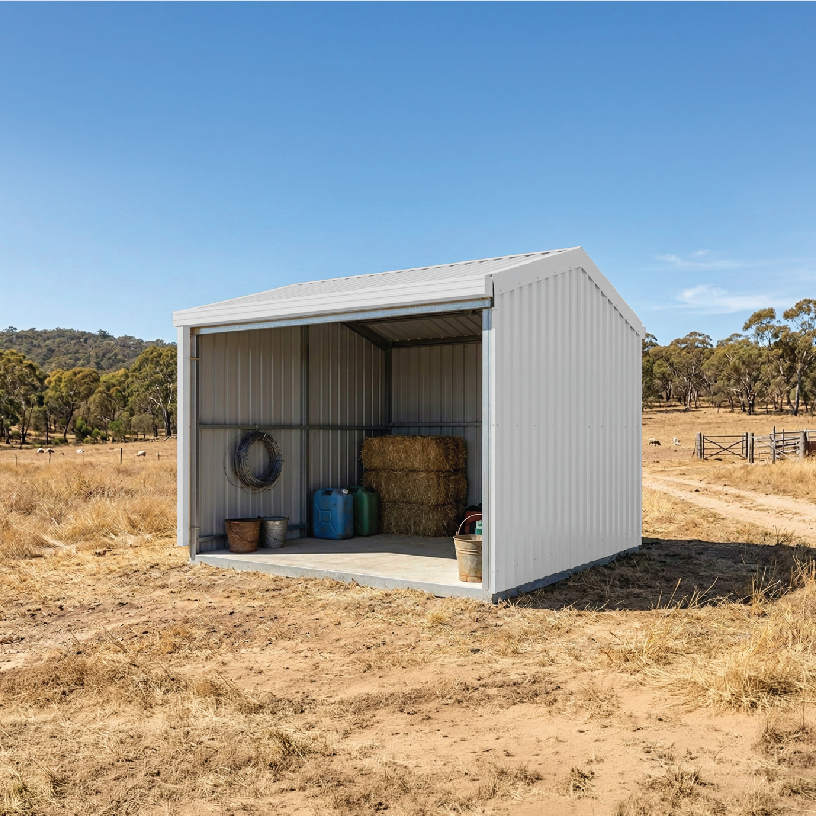 3.00mW x 3.00mD x 2.53mH Rural Shed Open Bay Zincalume