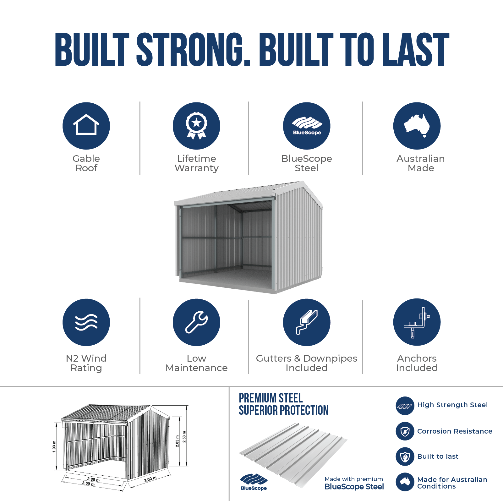 3.00mW x 3.00mD x 2.53mH Rural Shed Open Bay Zincalume