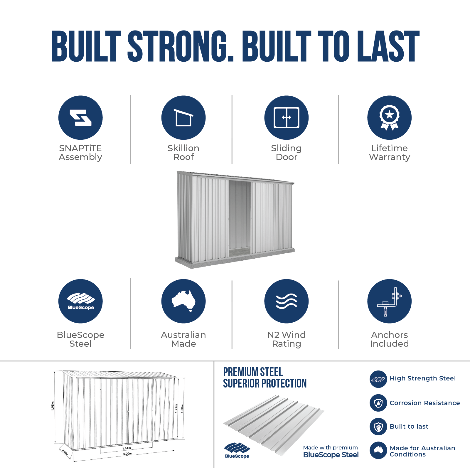 3.00mW x 0.78mD x 1.95mH Garden Shed Ezislider Double Door Zincalume with Anchors
