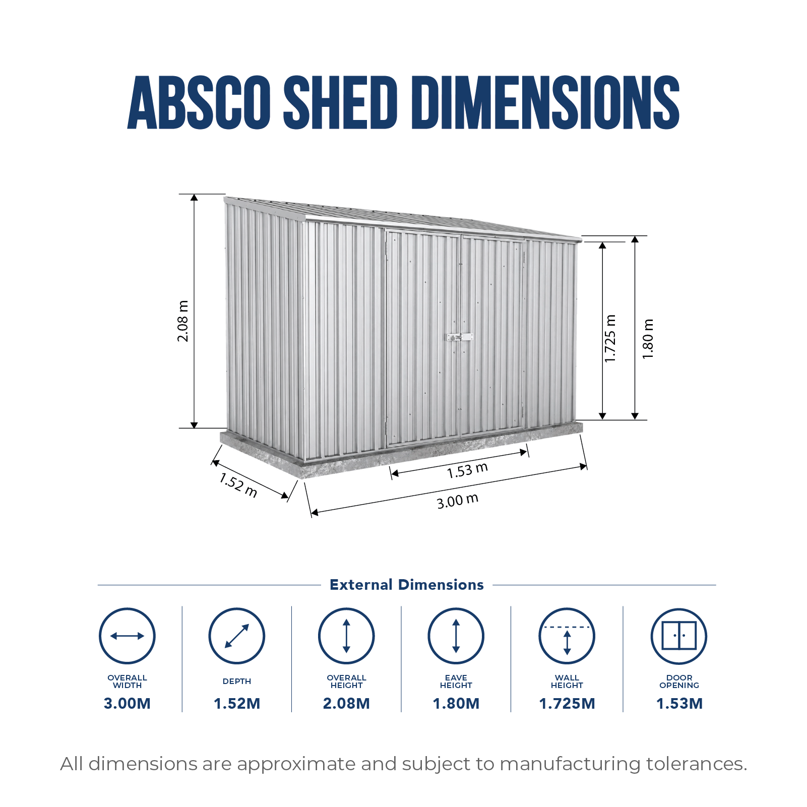 3.00mW x 1.52mD x 2.08mH Garden Shed Double Door Zincalume with Anchors