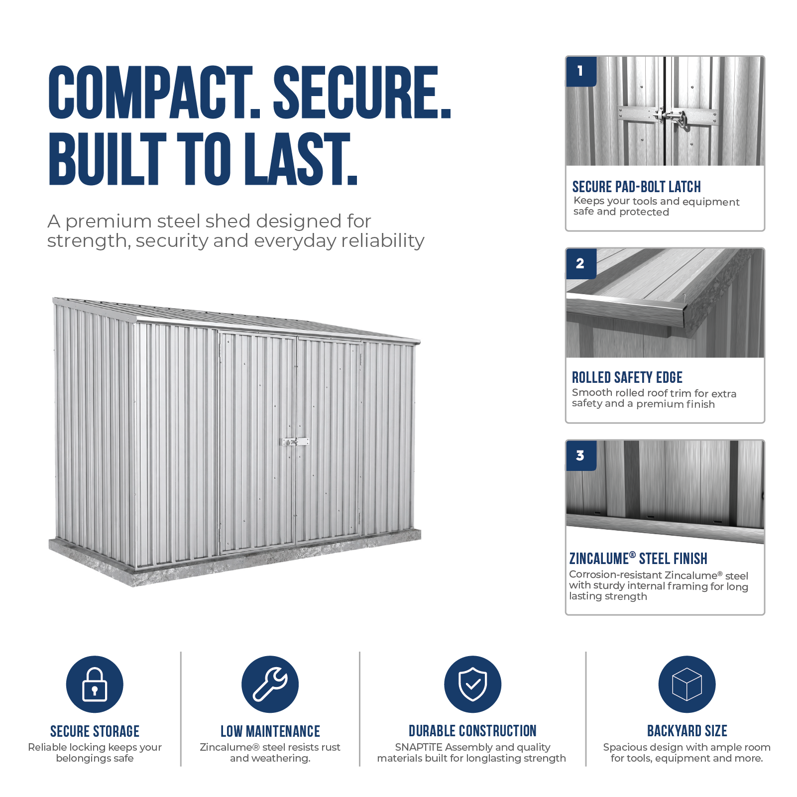 3.00mW x 1.52mD x 2.08mH Garden Shed Double Door Zincalume with Anchors