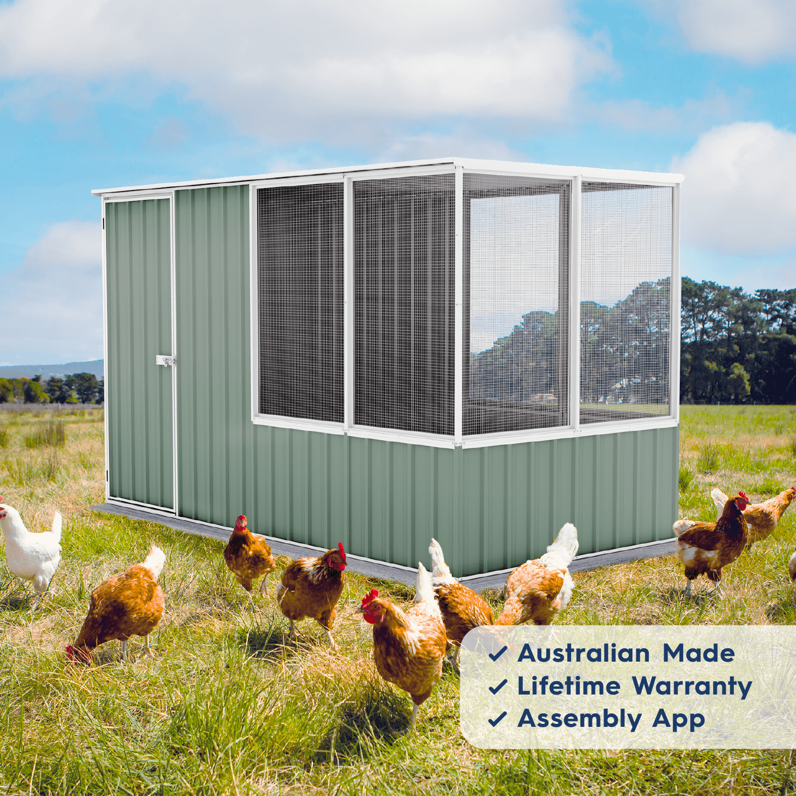1.52mW x 2.96mD x 1.80mH Chicken Coop Flat Roof Single Door Zincalume