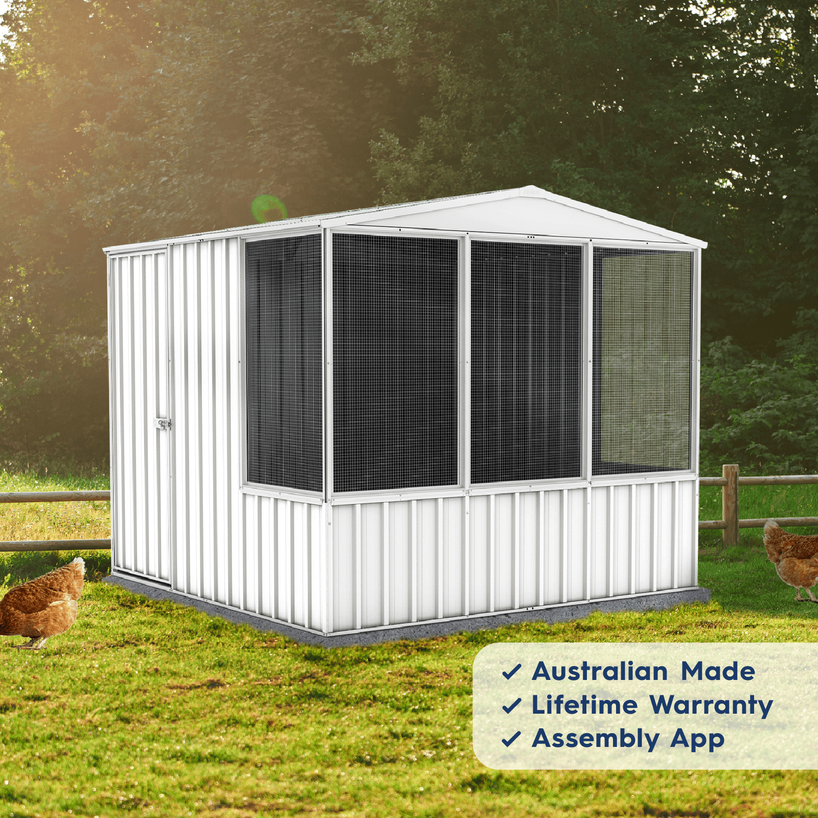 2.26mW x 2.22mD x 2.00mH Chicken Coop Gable Roof Single Door Zincalume
