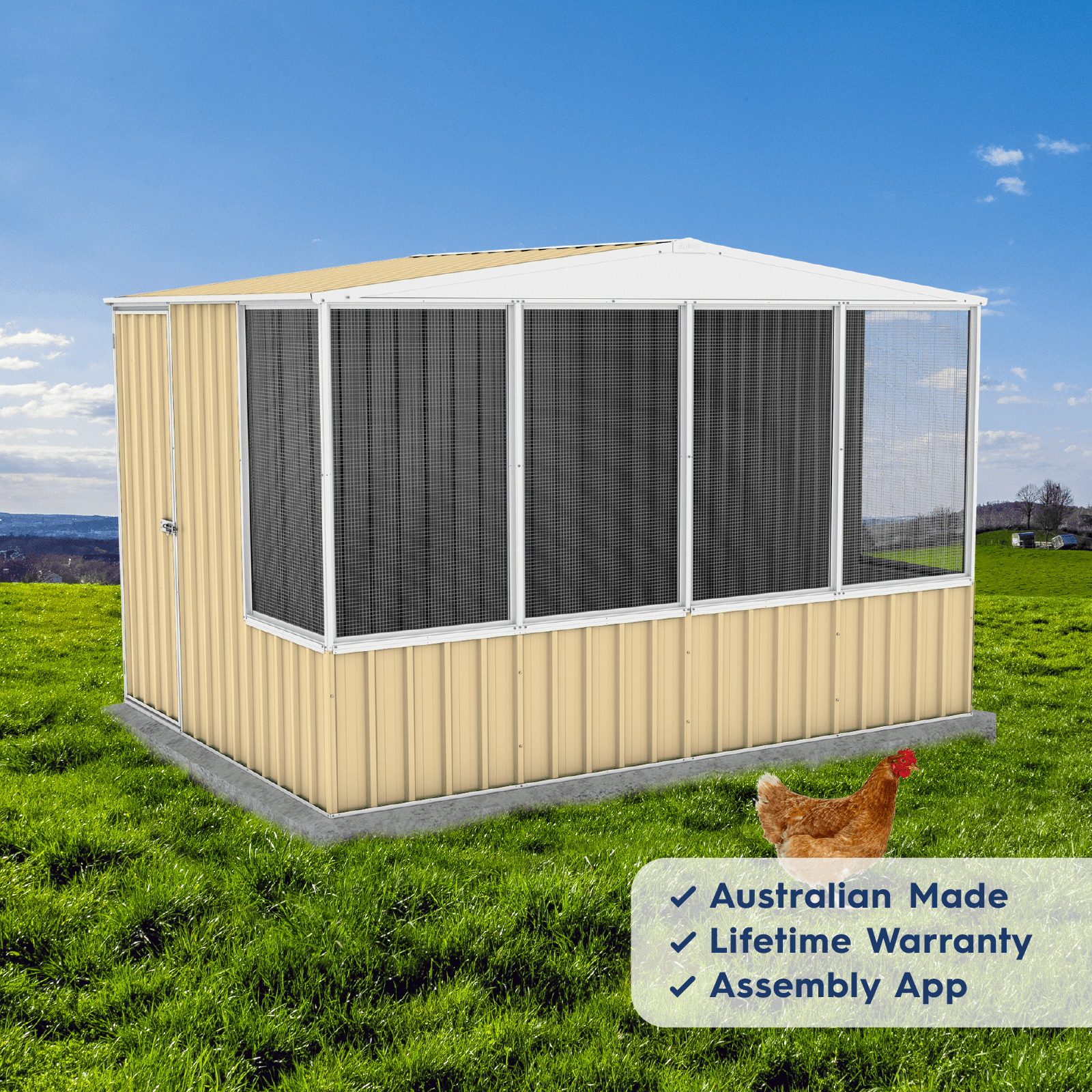 3.00mW x 2.22mD x 2.06mH Chicken Coop Gable Roof Single Door Zincalume