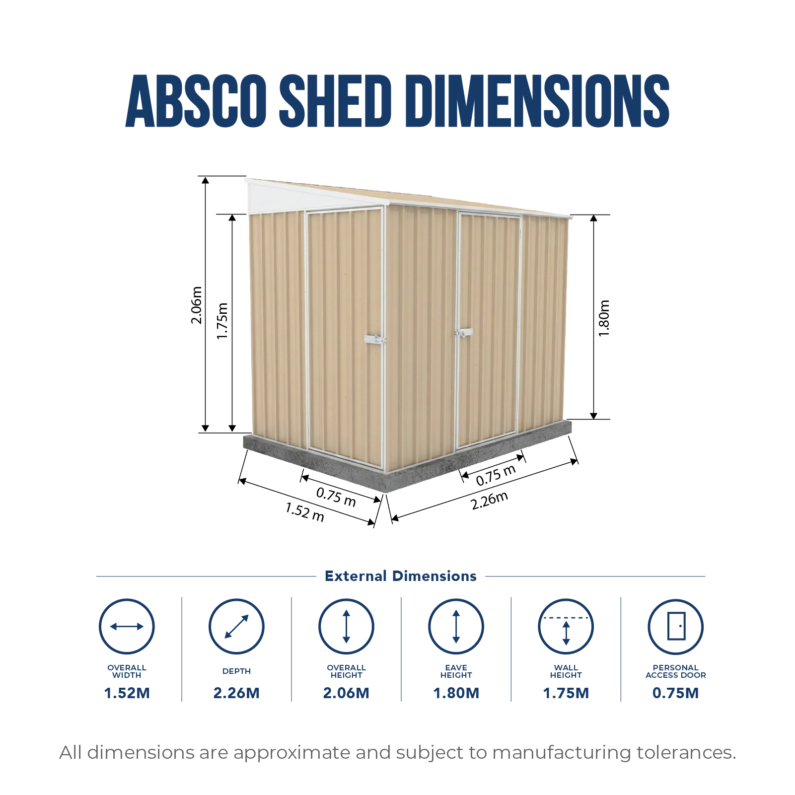 1.52mW x 2.26mD x 2.06mH Garden Shed Narrow Two Door