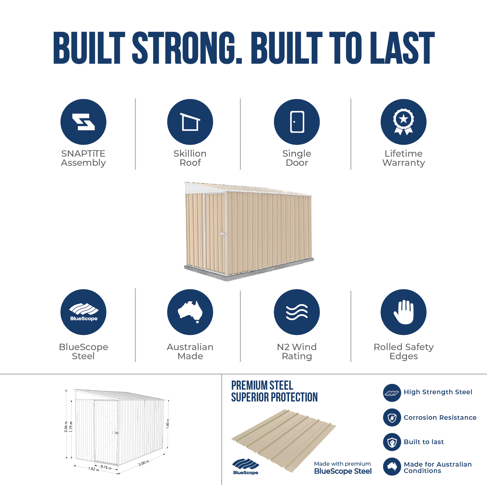 1.52mW x 3.00mD x 2.06mH Garden Shed Narrow Single Door